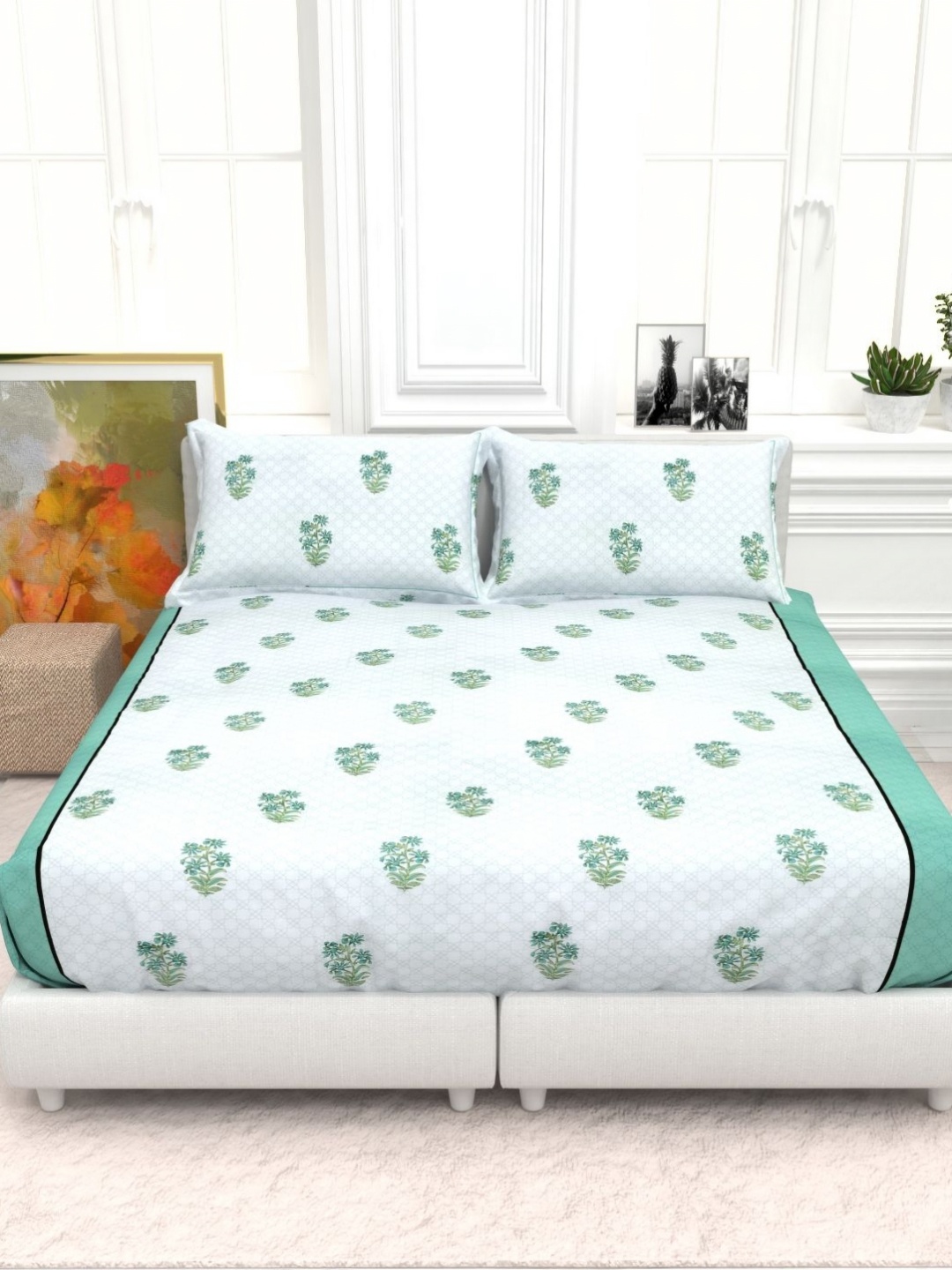 

THE WHITE MOSS White & Green Ethnic Cotton 210 TC King Bedsheet Set-2.75 m x2.75 m