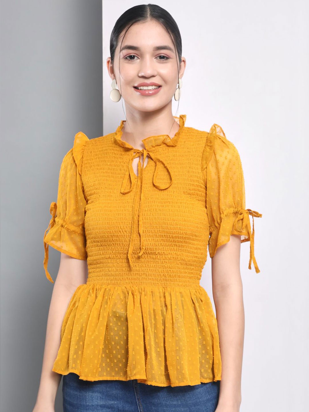 

BAESD Tie-Up Neck Peplum Top, Mustard