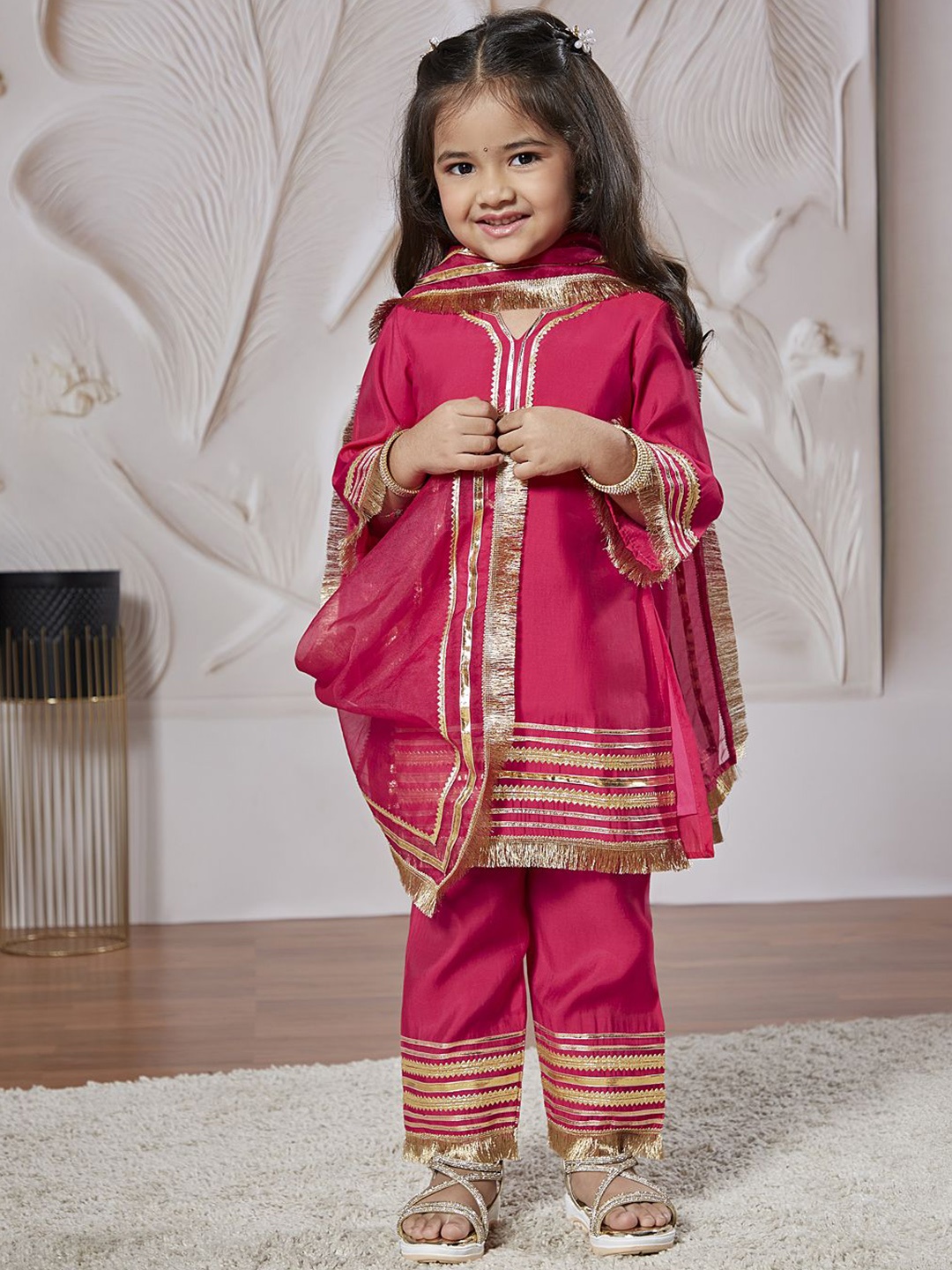 

VASTRAMAY Girls Striped Yoke Design Regular Kurta With Trouser With Dupatta, Pink