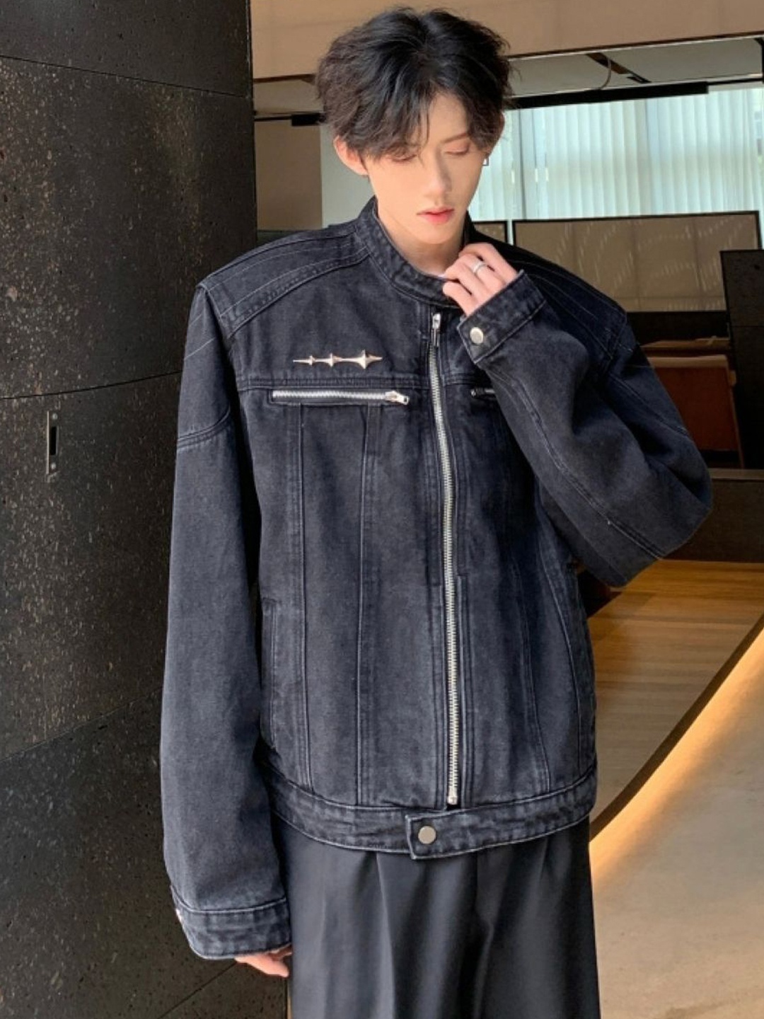 

HERE&NOW Men Stand Collar Washed Self Design Casual Denim Jacket, Black