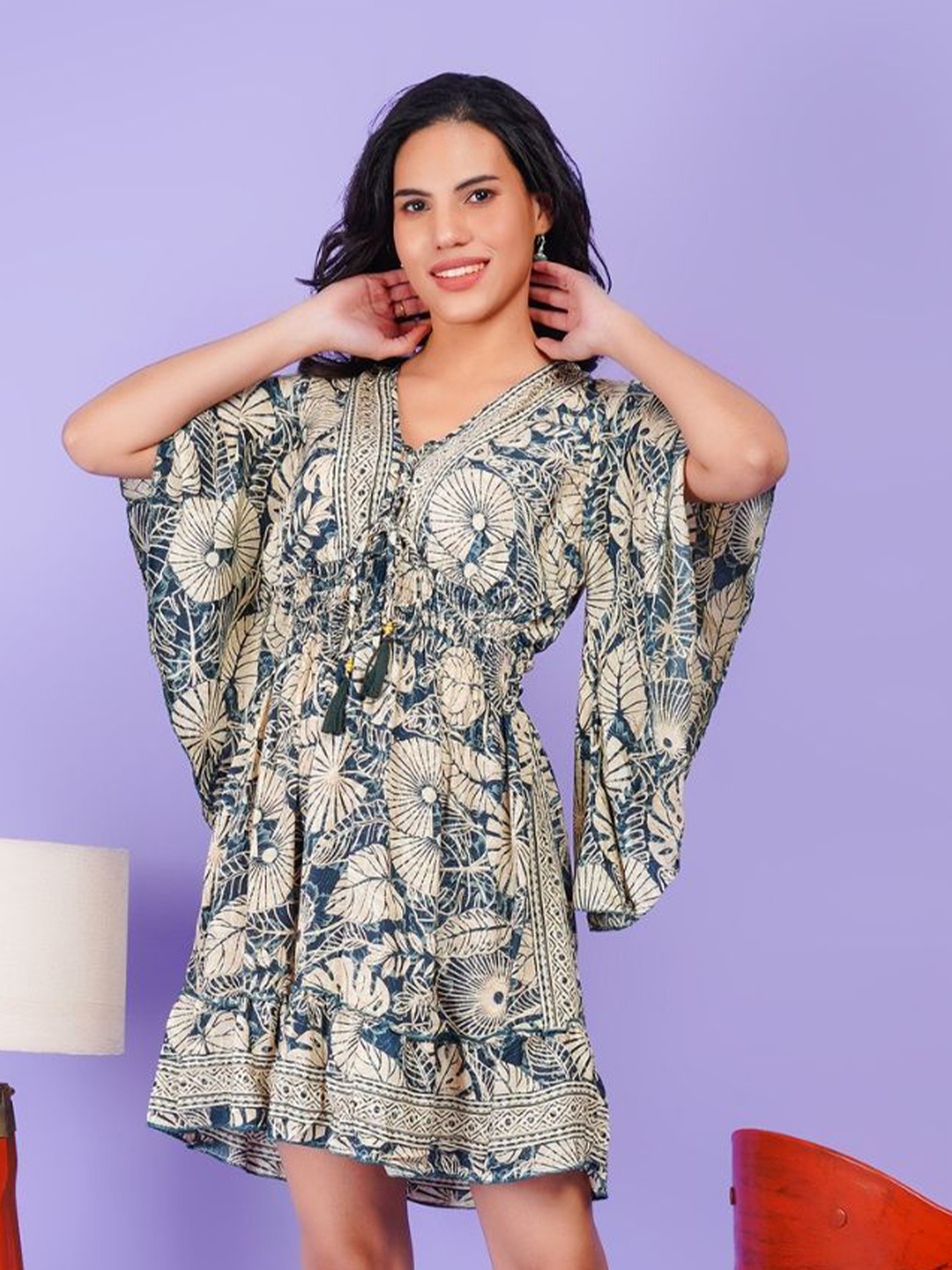 

Boholyfe Women Bohemian Print Bell Sleeve A-Line Dress, Blue
