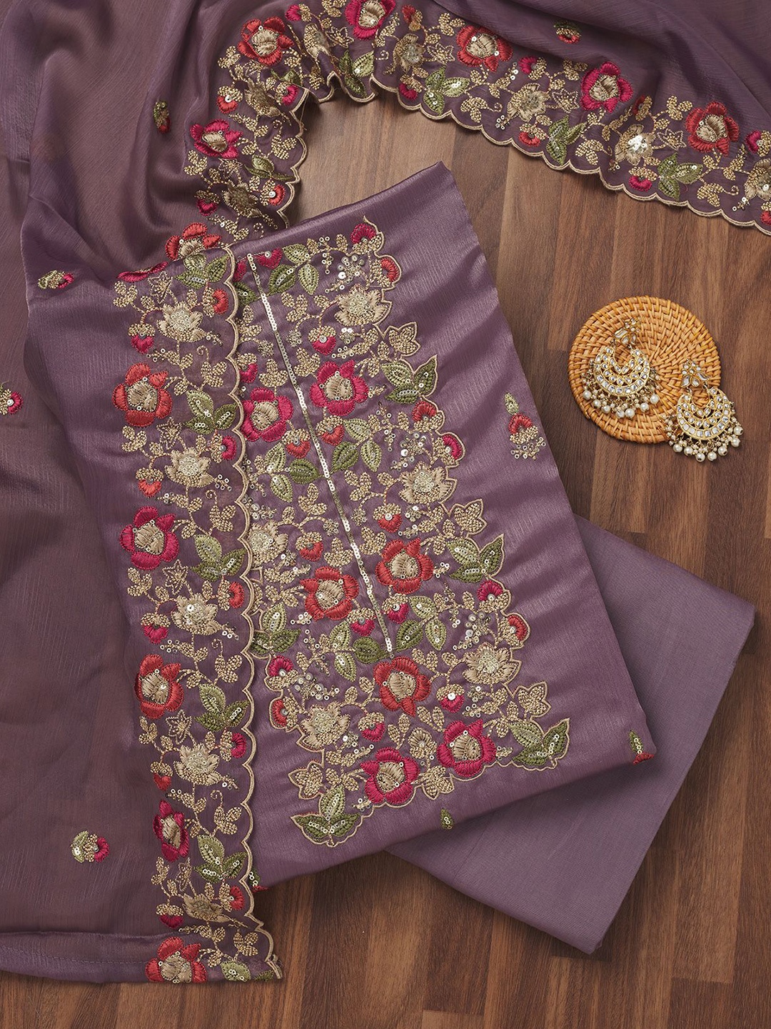 

Koskii Floral Embroidered Zari Unstitched Dress Material, Purple