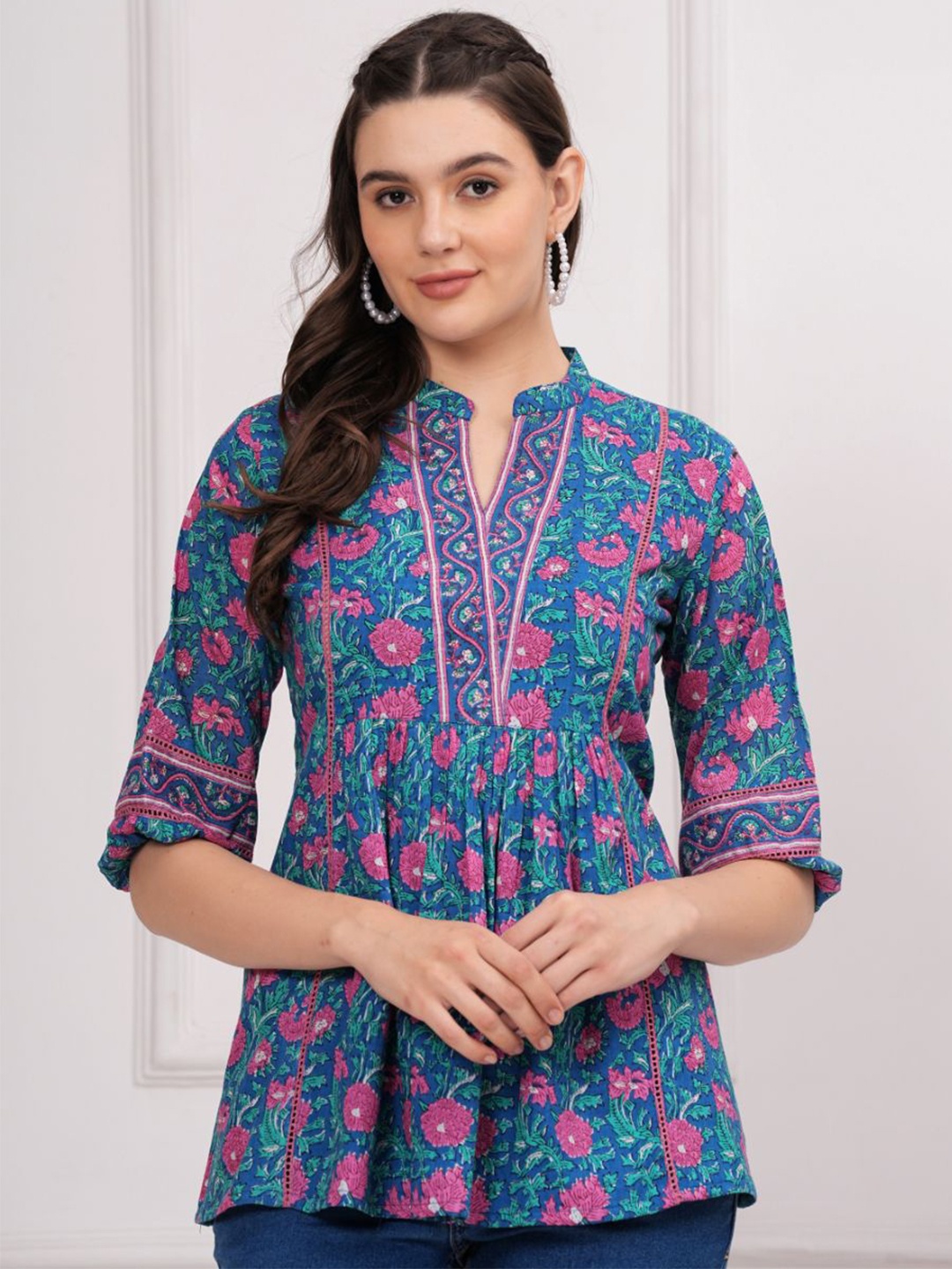 

KALINI Floral Print Mandarin Collar Cotton Top, Blue