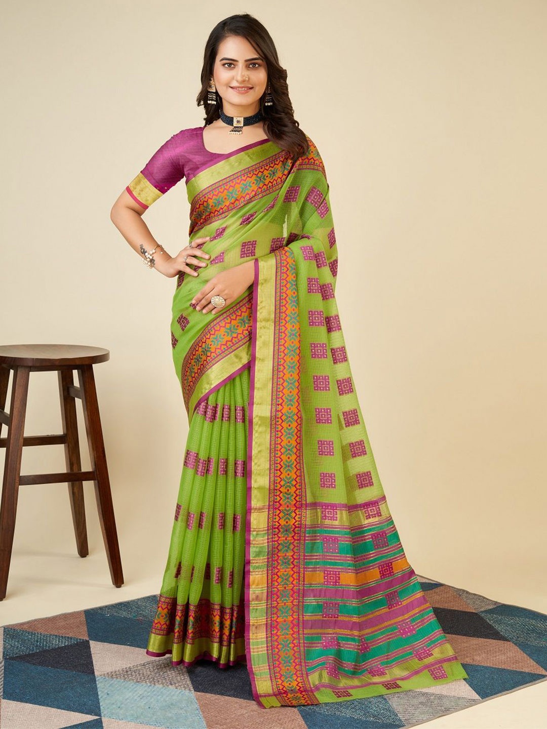 

SHOBHA SAREES Ethnic Motifs Zari Silk Cotton Kota Saree, Green