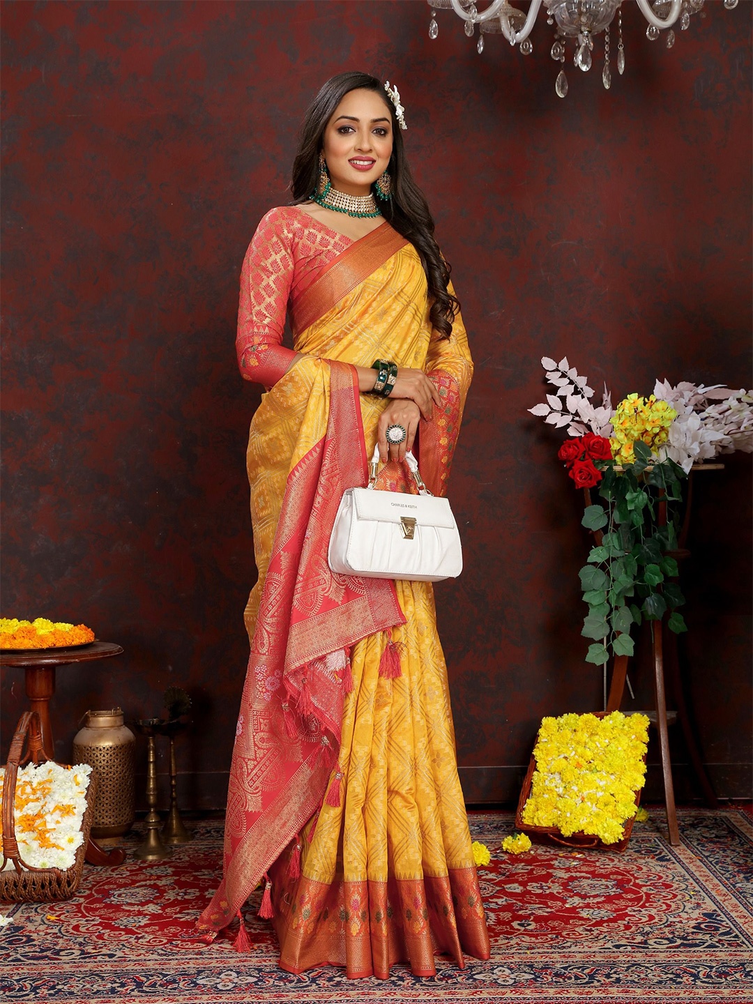 

Kriyansh Ethnic Motifs Zari Silk Cotton Designer Kanjeevaram Saree, Yellow