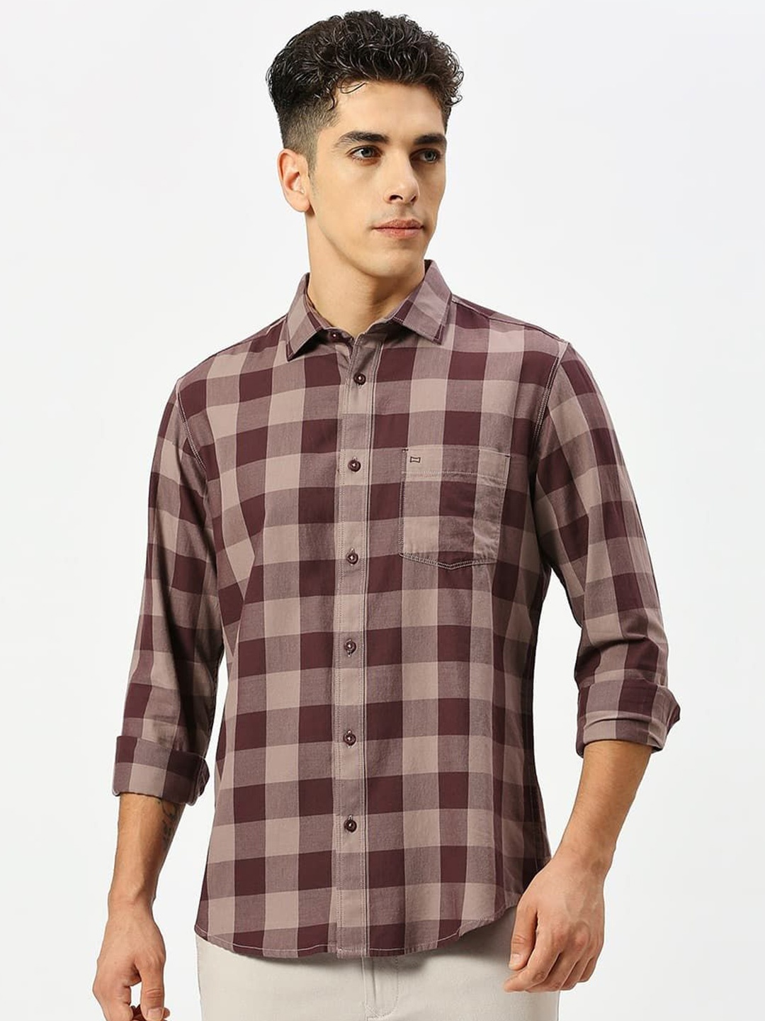 

Basics Men Slim Fit Buffalo Checked Cotton Casual Shirt, Pink