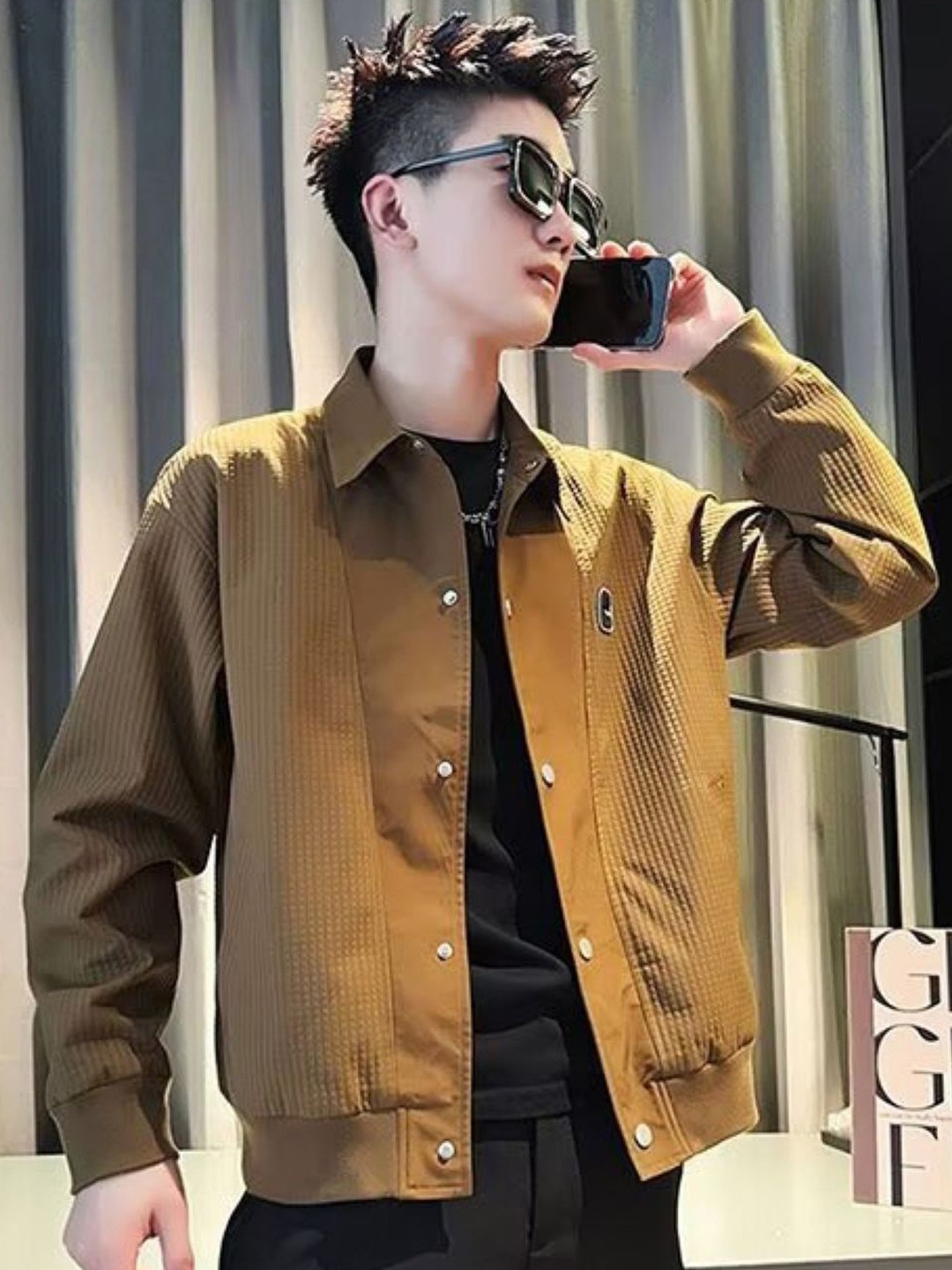 

HERE&NOW Men Spread Collar Self Design Casual Bomber Jacket, Brown