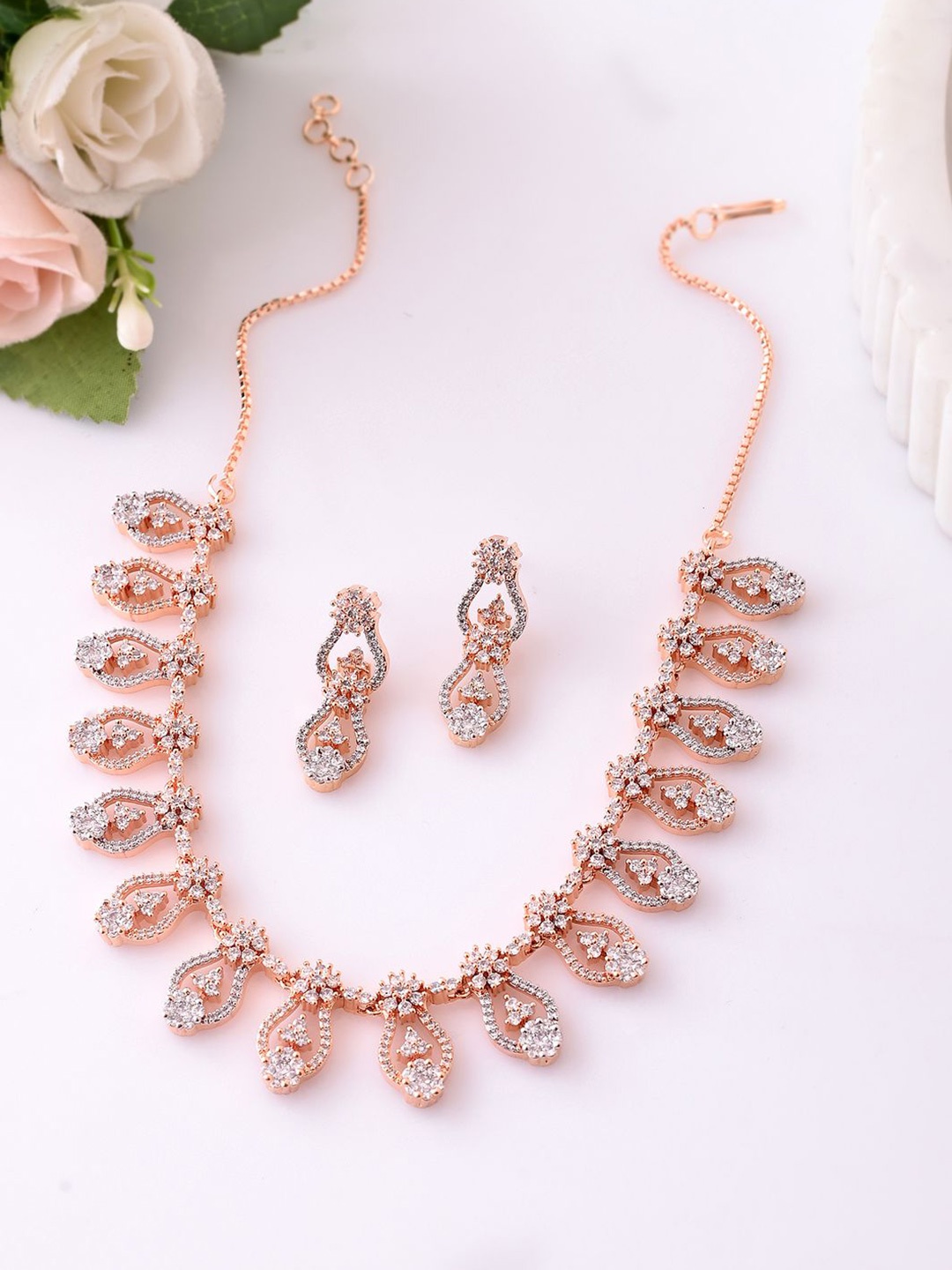 

Voylla Sparkling Elegance Radiant Rose Gold Plated American Diamond Necklace Set