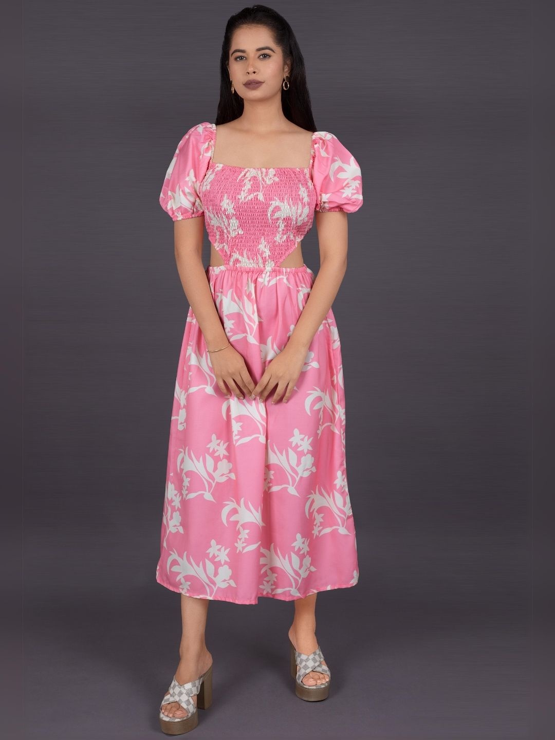 

La Aimee Floral Print Puff Sleeve Maxi Dress, Pink