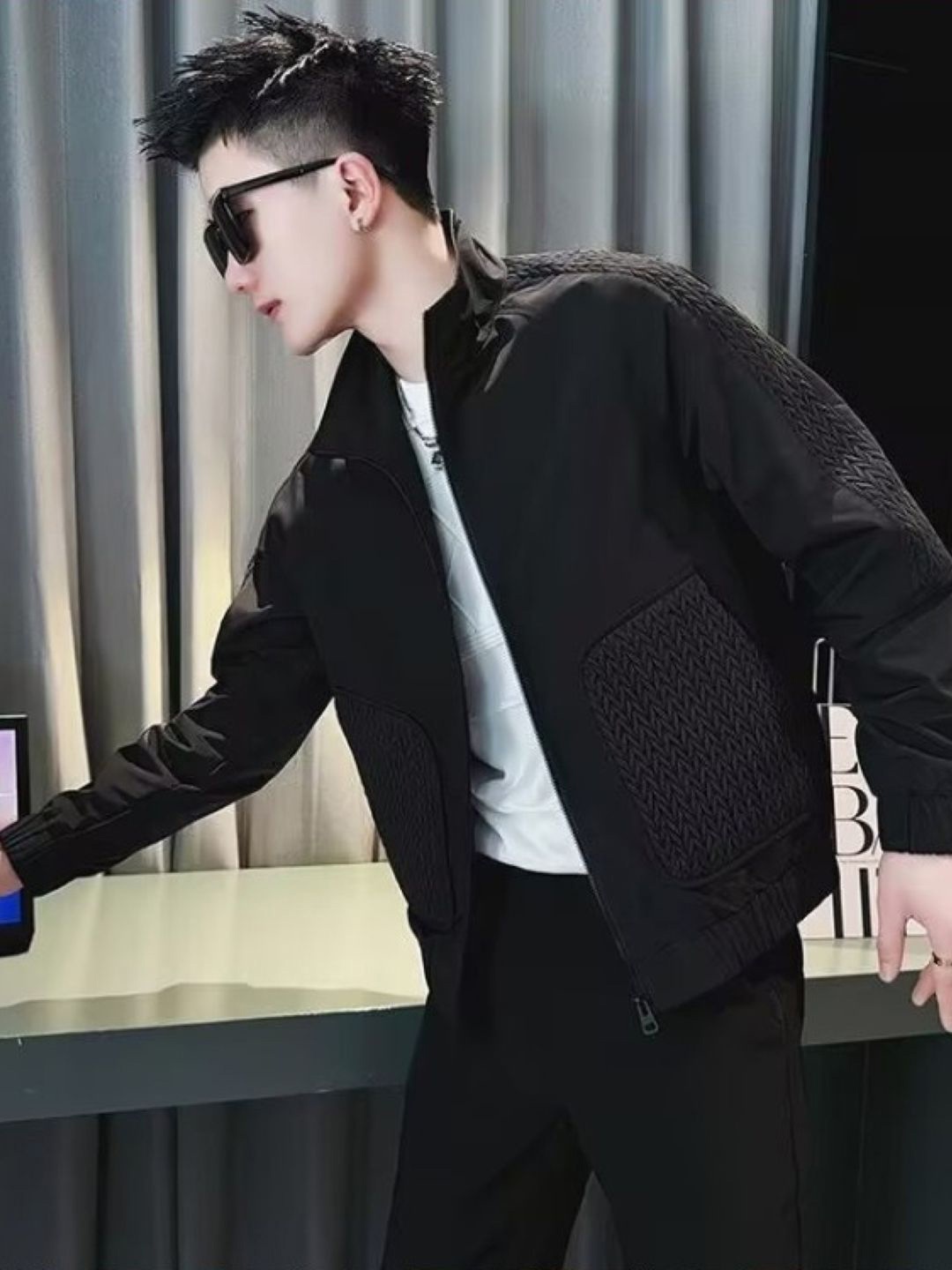 

HERE&NOW Men Spread Collar Self Design Casual Tailored Jacket, Black
