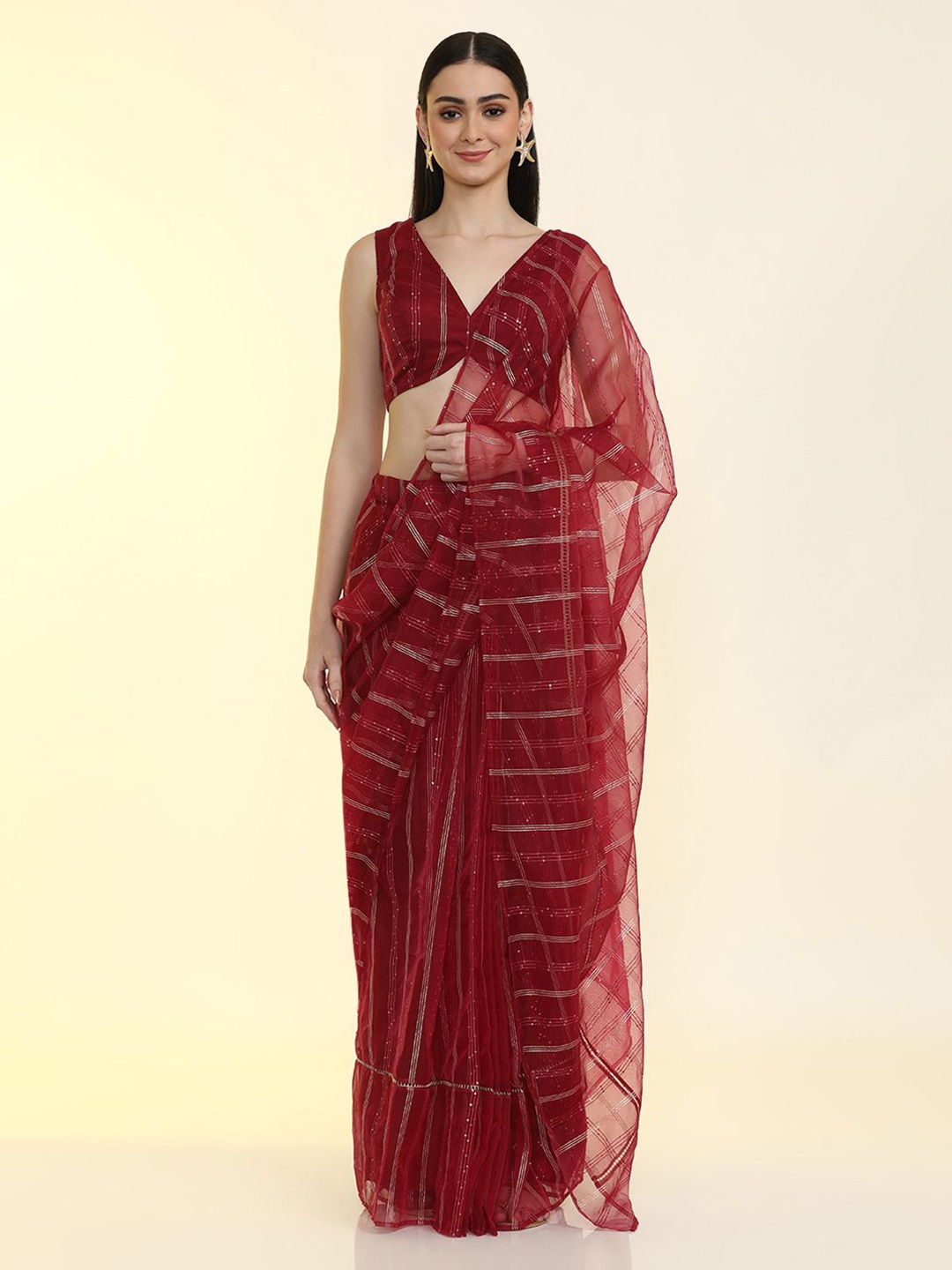 

Jaipur Kurti Striped Sequinned Organza Ready to Wear Saree, Maroon