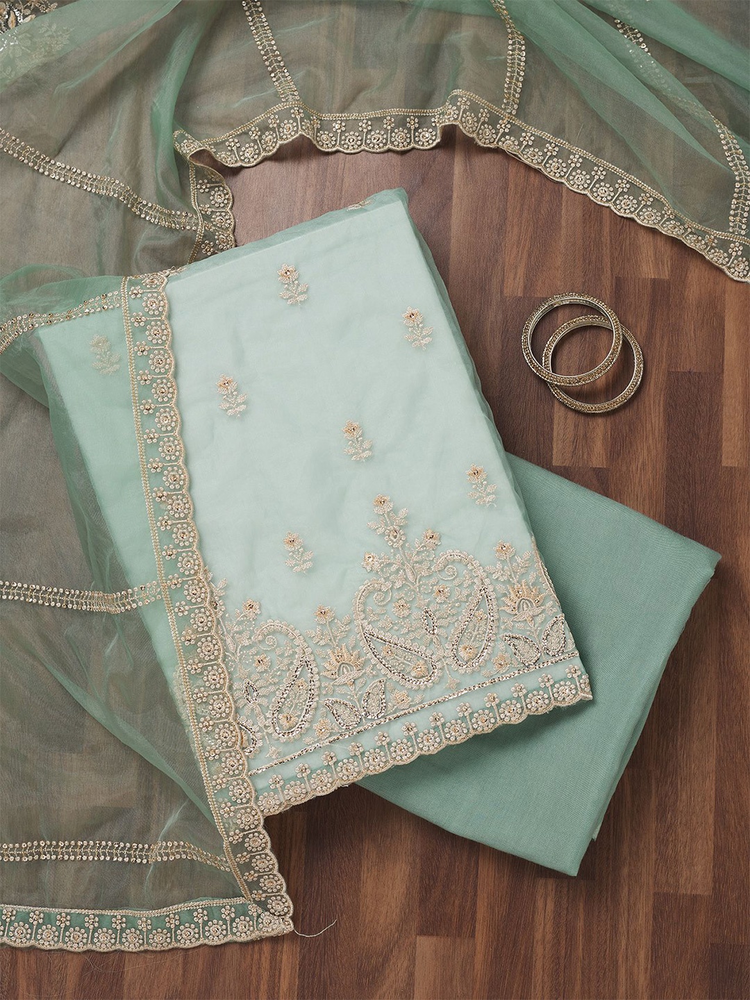 

Koskii Floral Embroidered Thread Work Unstitched Dress Material, Green
