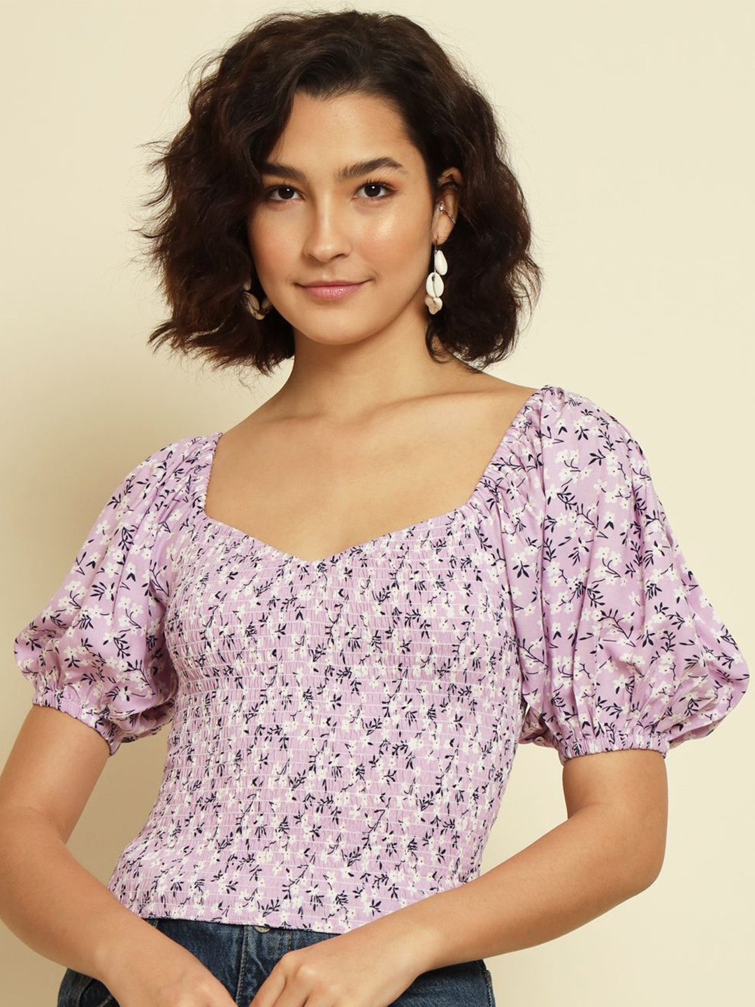 

BAESD Floral Print Sweetheart Neck Smocked Crepe Crop Top, Purple