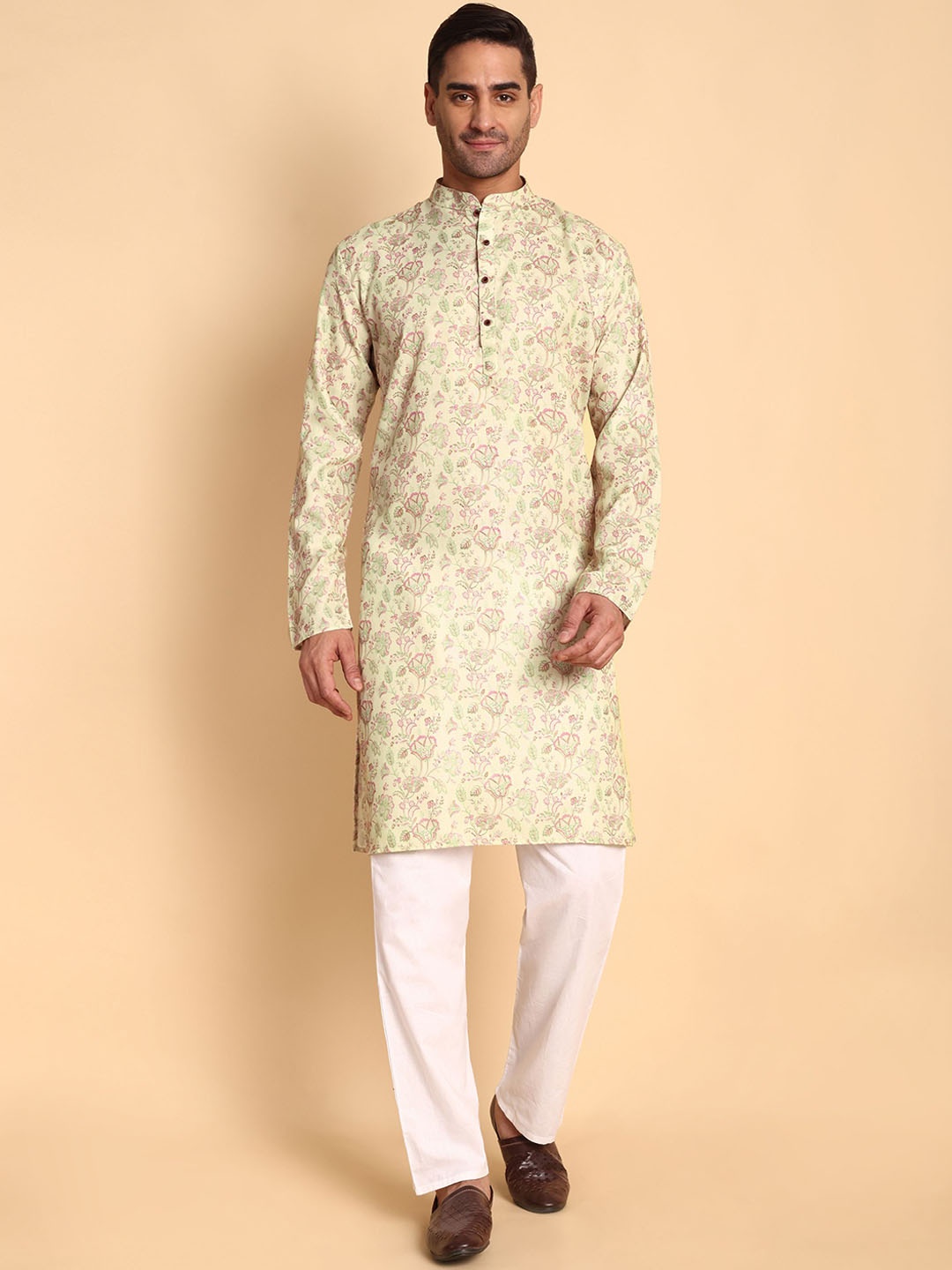 

Vardha Floral Printed Mandarin Collar Cotton Straight Kurta, Pink
