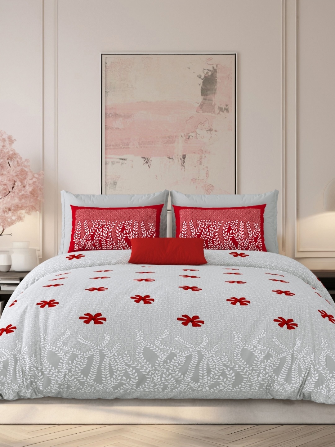

LIVING ROOTS Grey & Red Floral 210 TC King Bedsheet with 2 Pillow Covers