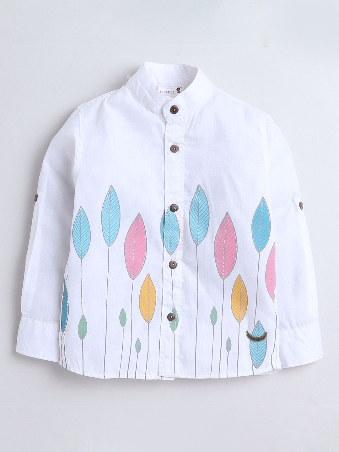 

BAATCHEET Boys Band Collar Graphic Printed Cotton Casual Shirt, White