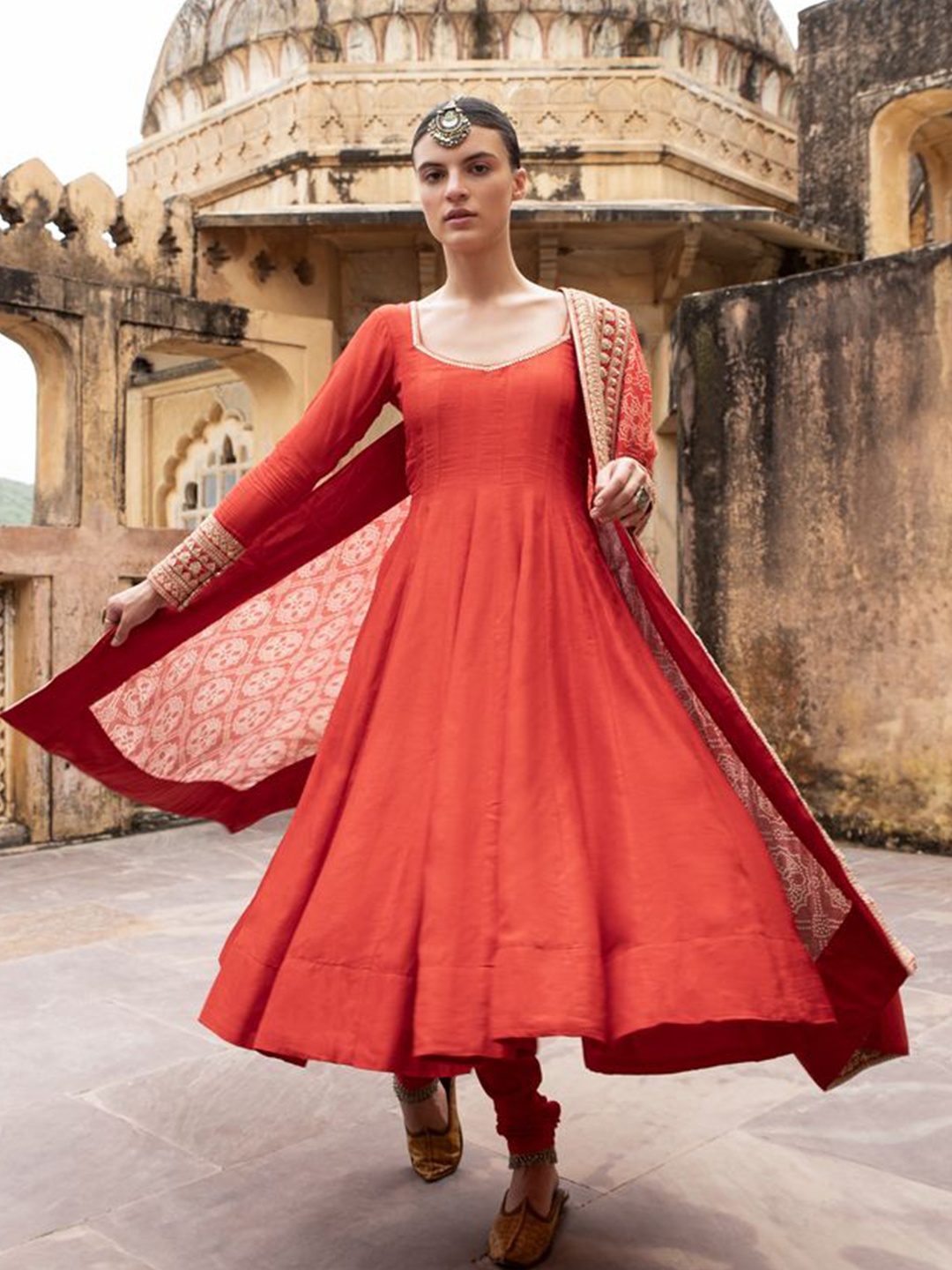

KARAJ JAIPUR Pleated Sequinned Chanderi Cotton Kurta with Trousers & Dupatta, Red
