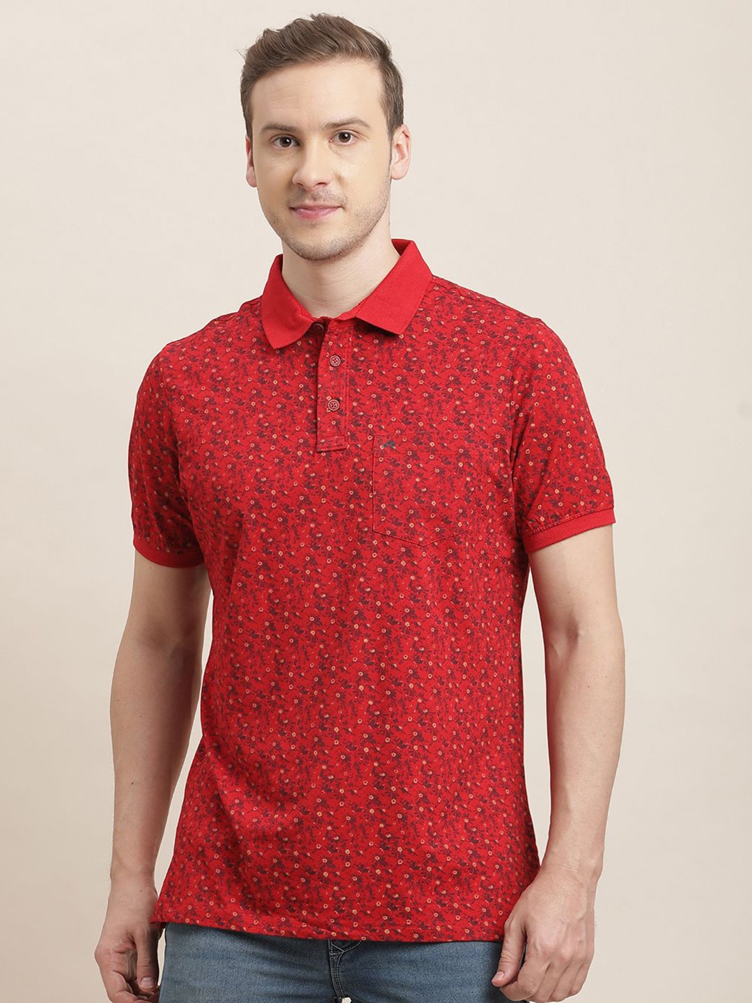 

Turtle Men Floral Printed Polo Collar Cotton Slim Fit T-shirt, Red