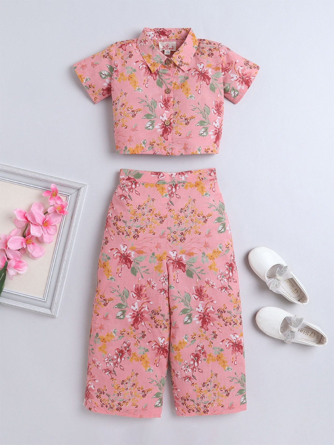 

The Magic Wand Girls Peach Coloured & green Floral Printed Pure Cotton Shirt with Trousers