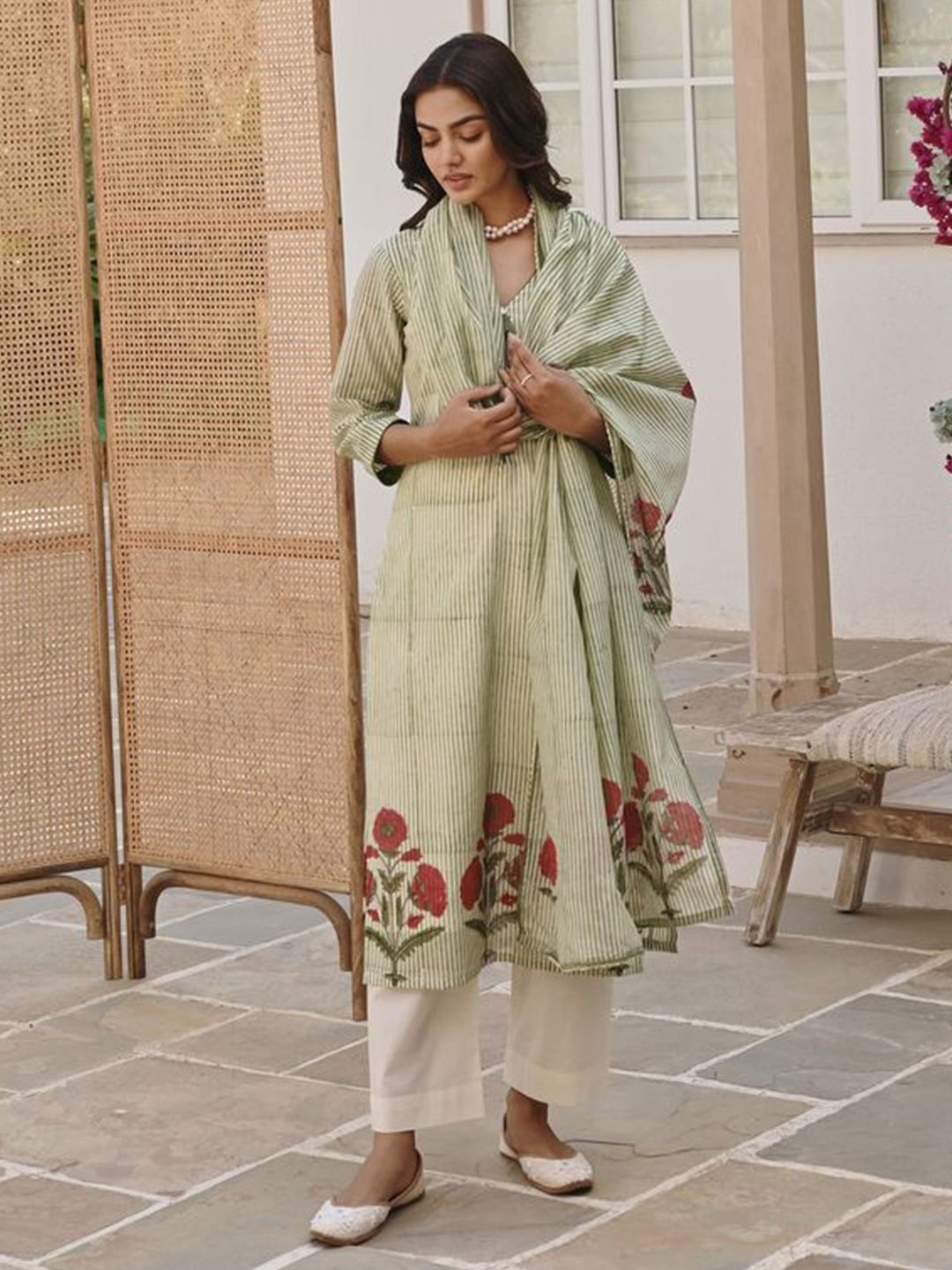 

KARAJ JAIPUR Striped Chanderi Cotton Straight Kurta With Palazzos & Dupatta, Green