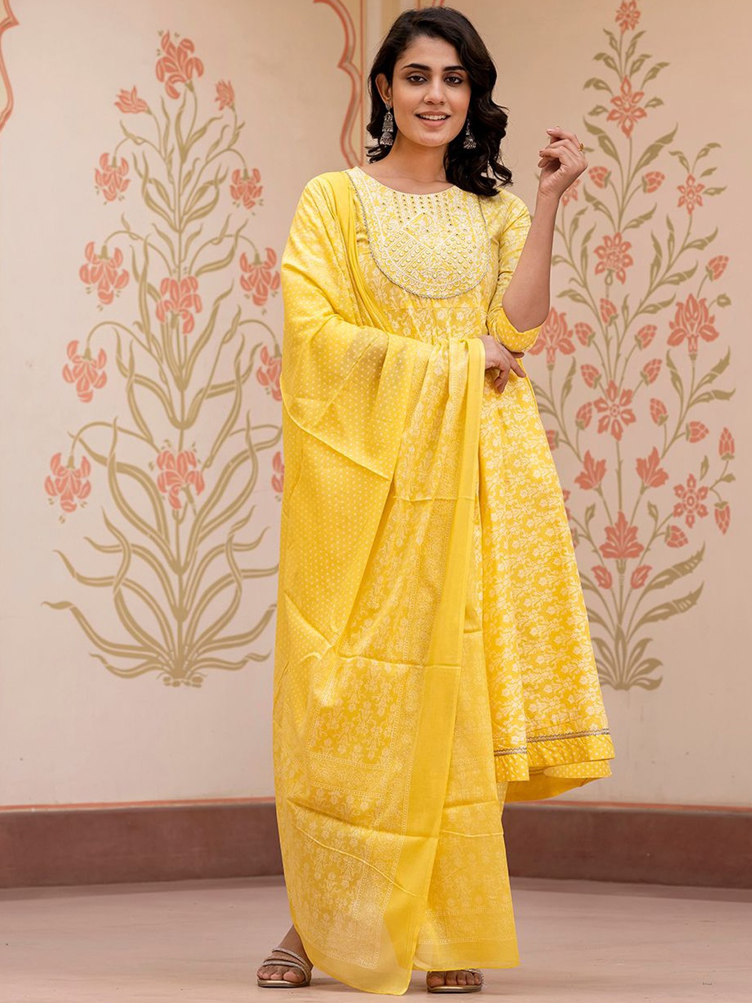 

KALINI Floral Printed Mirror Work Anarkali Pure Cotton Kurta With Trousers & Dupatta, Yellow