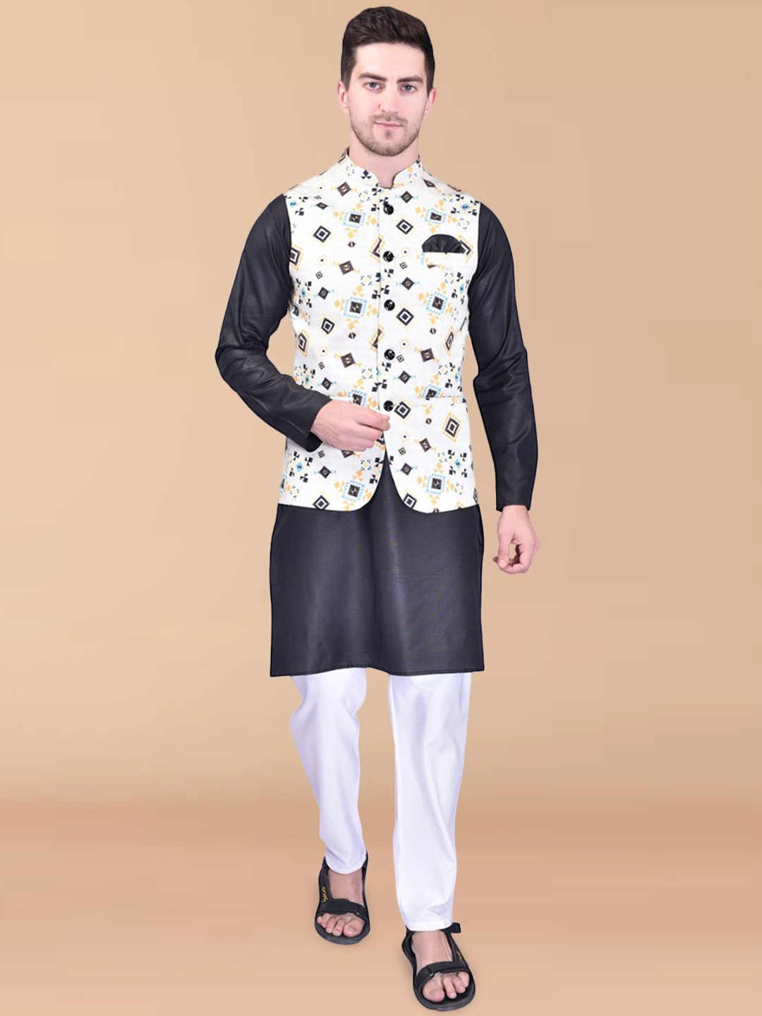 

PRINTINDIA Mandarin Collar Pure Cotton Kurta With Trousers & Nehru jacket, Black