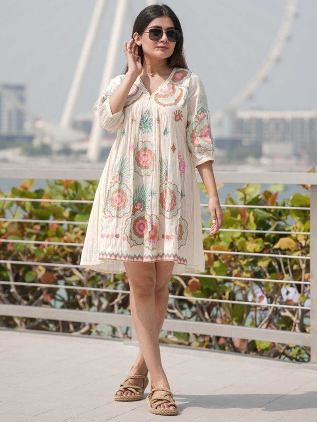 

CUSTARD Floral Embroidered Puff Sleeve A-Line Dress, Off white