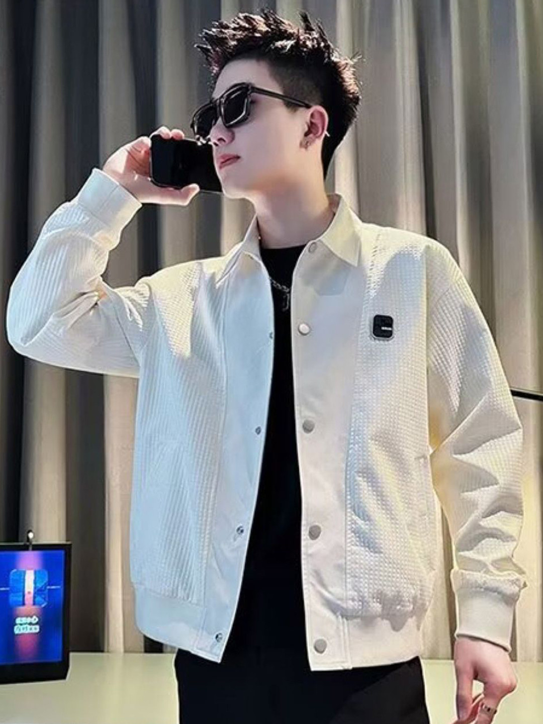

HERE&NOW Men Spread Collar Self Design Casual Bomber Jacket, White