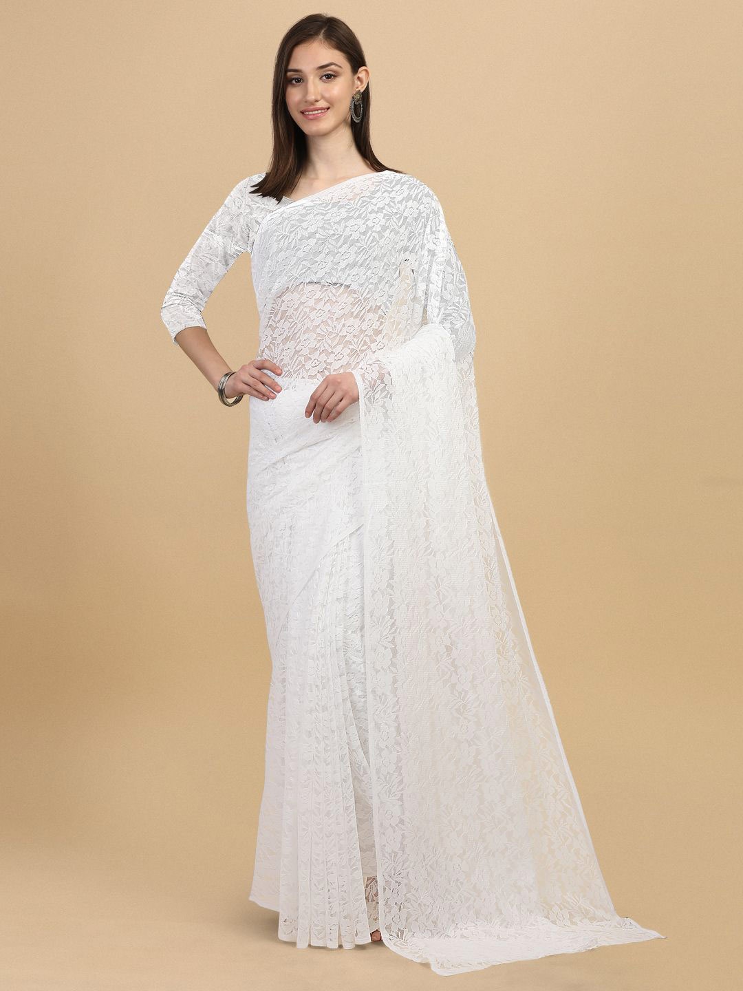 

LEOSAGI Floral Net Saree, White