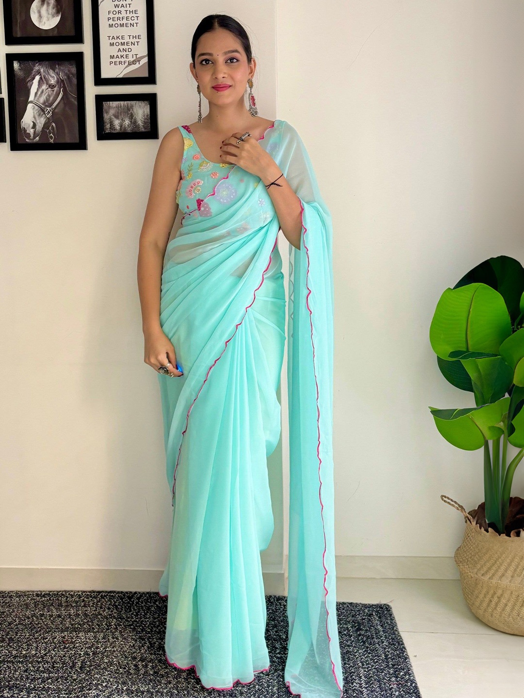 

LEOSAGI Pure Georgette Saree, Turquoise blue