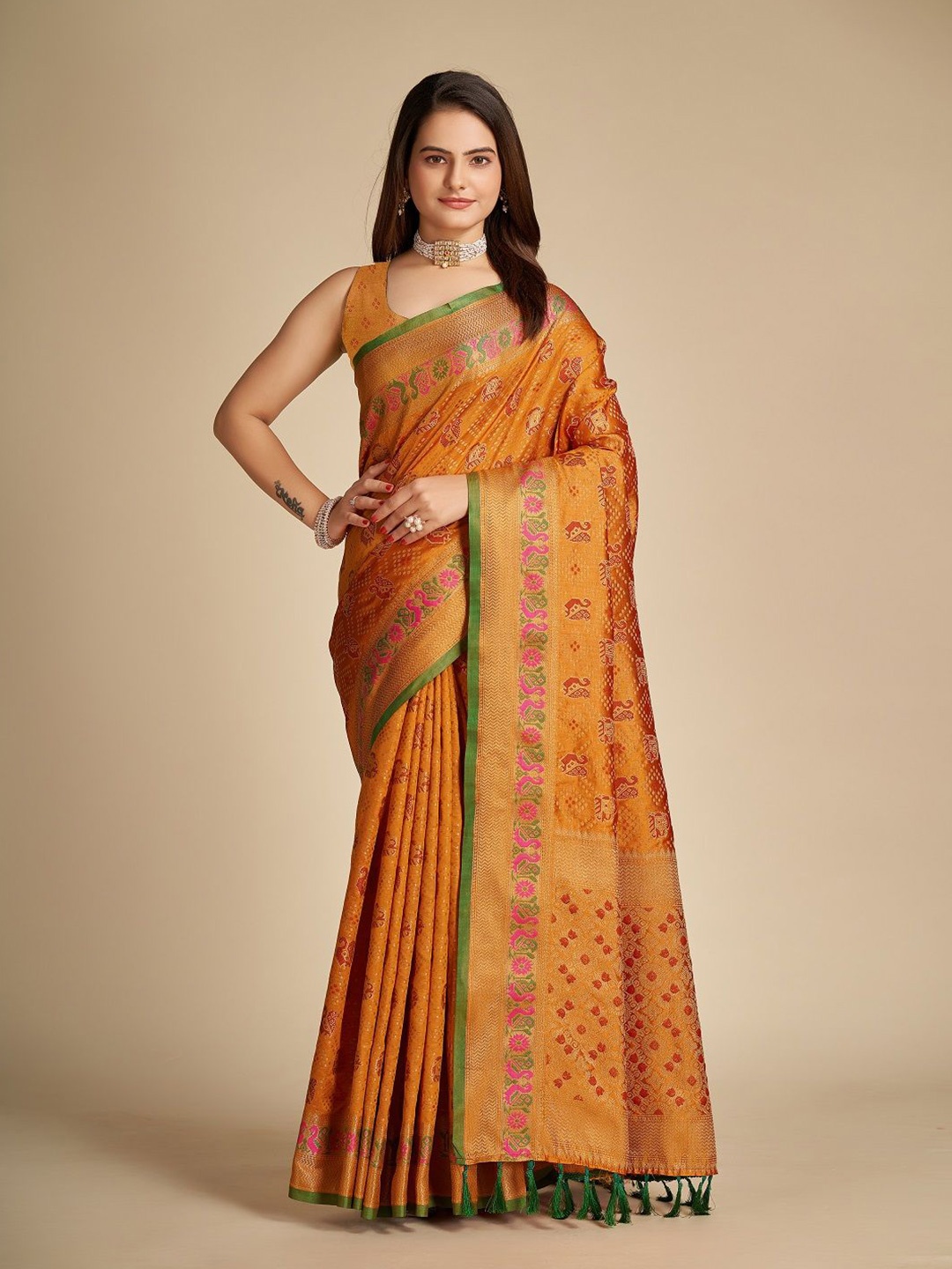 

SHOBHA SAREES Woven Design Zari Pure Silk Patola Saree, Orange