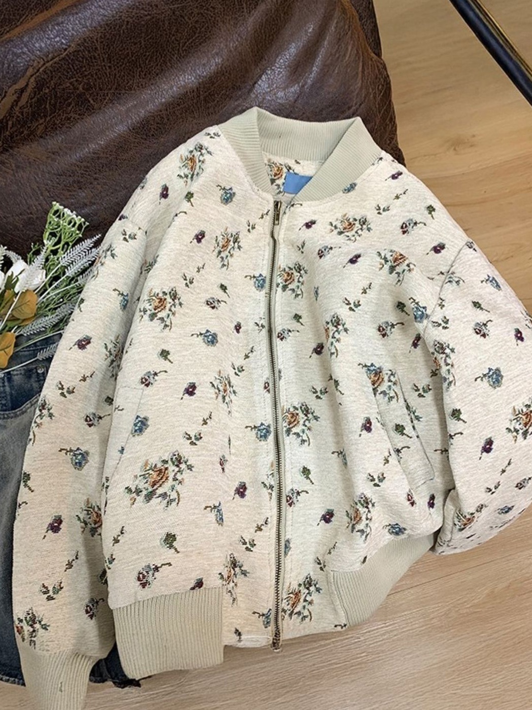 

HERE&NOW Men Stand Collar Floral Printed Casual Bomber Jacket, Cream