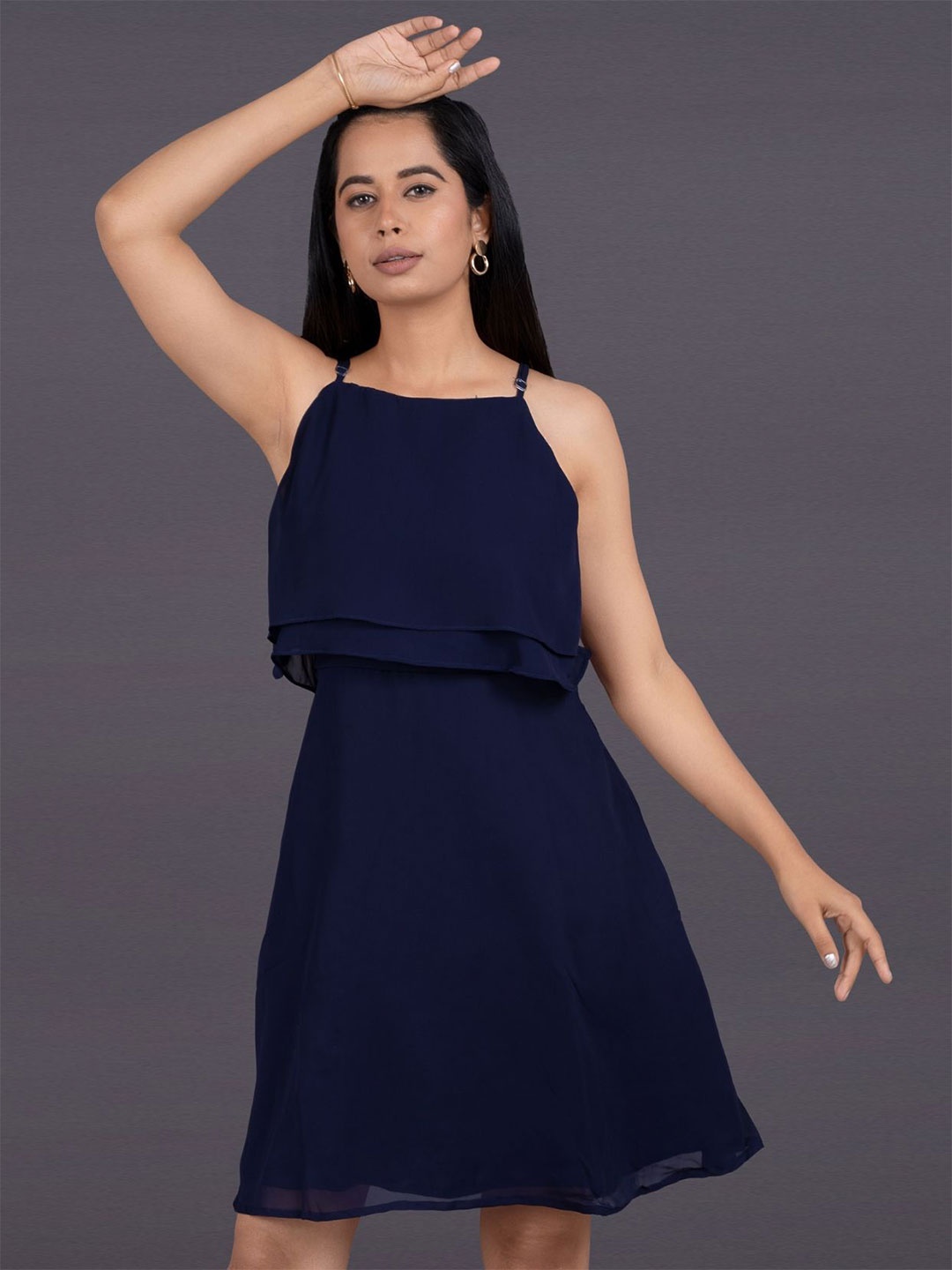 

La Aimee Halter Neck Ruffled Bodycon Dress, Navy blue