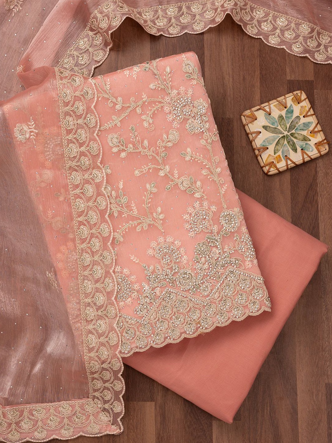 

Koskii Embellished Crepe Unstitched Dress Material, Peach