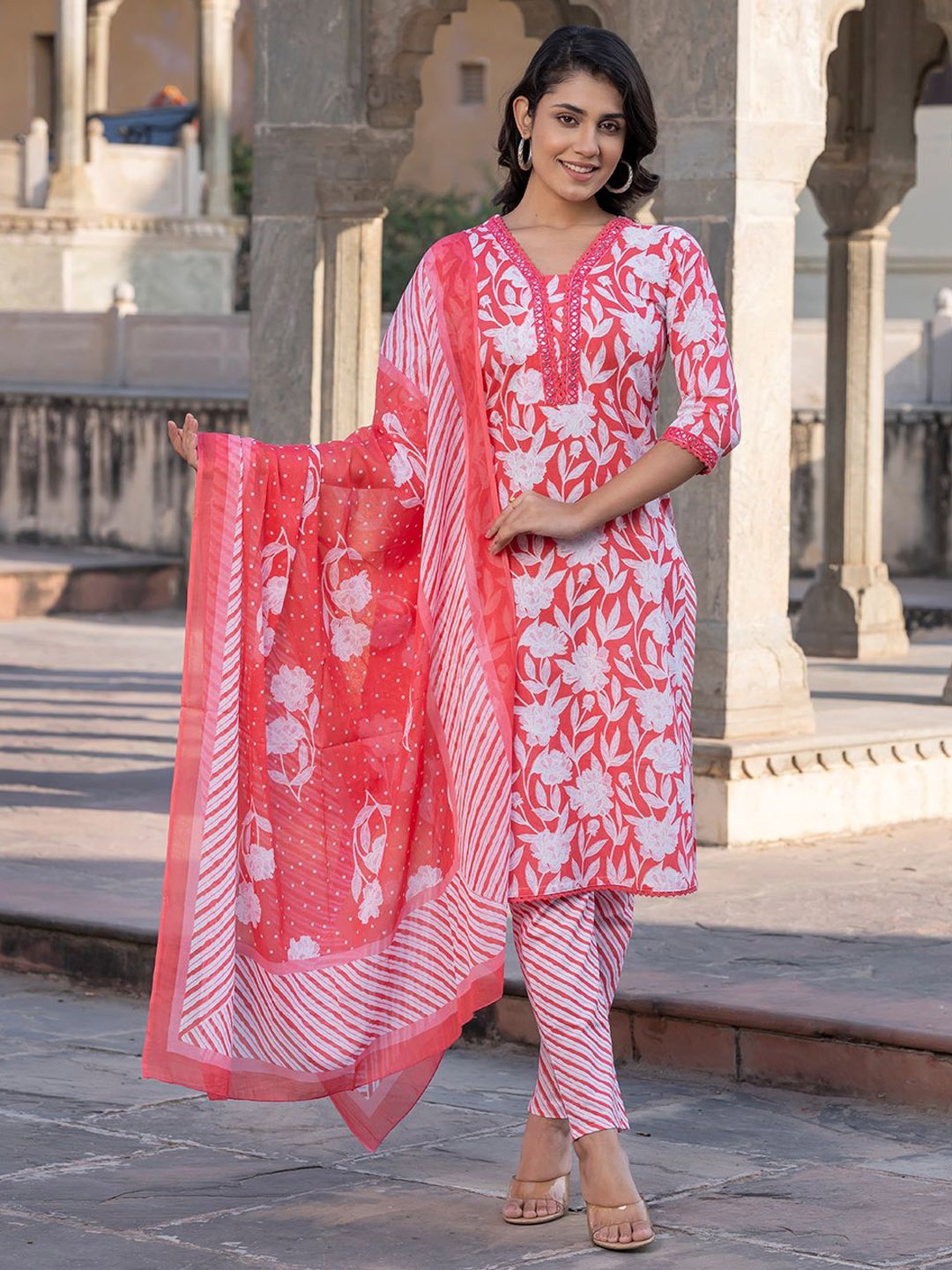 

KALINI Floral Printed Mirror Work Straight Pure Cotton Kurta With Trousers & Dupatta, Pink