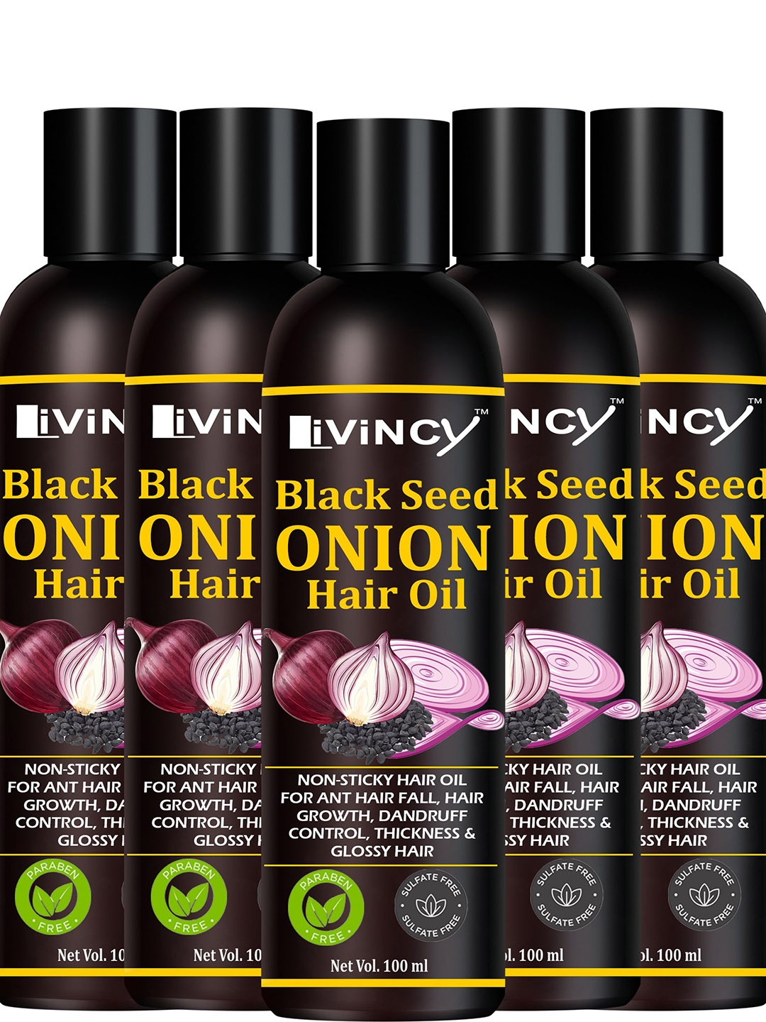 

LIVINCY Set Of 5 Black Seed Onion Oil For Hair Growth - 100 ml Each, Transparent