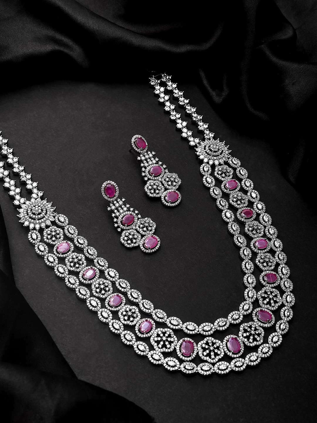 

Voylla Sparkling Elegance Rhodium Plated American Diamond Studded Jewellery Set, Silver