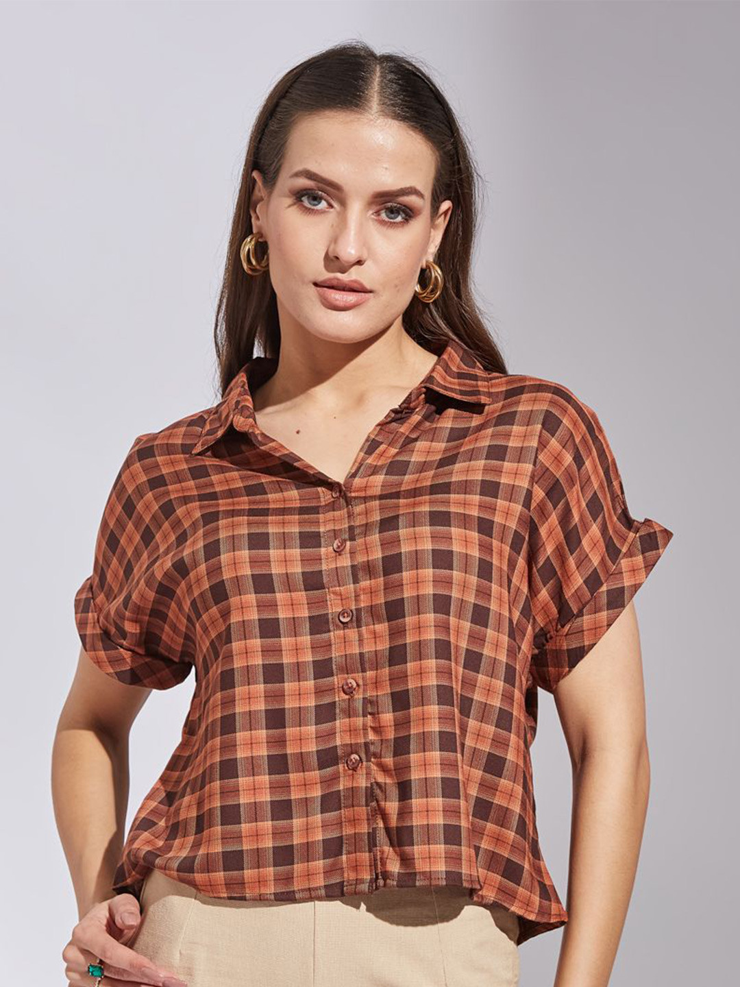 

Latin Quarters Women Relaxed Spread Collar Tartan Checked Casual Shirt, Brown