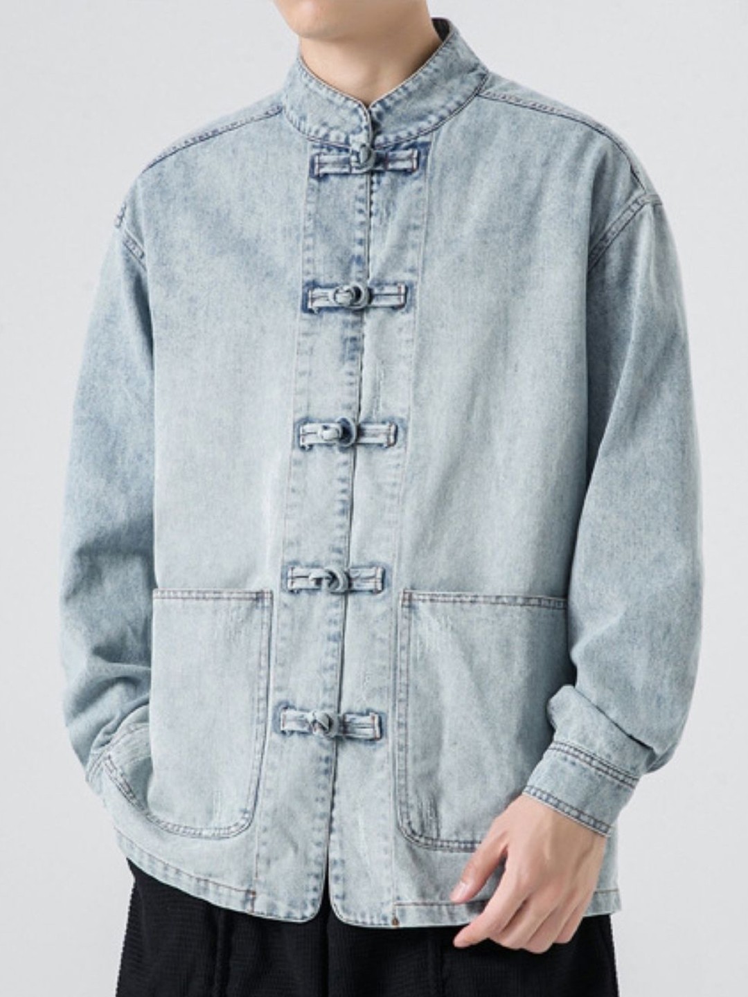 

HERE&NOW Men Mandarin Collar Washed Self Design Casual Denim Jacket, Blue