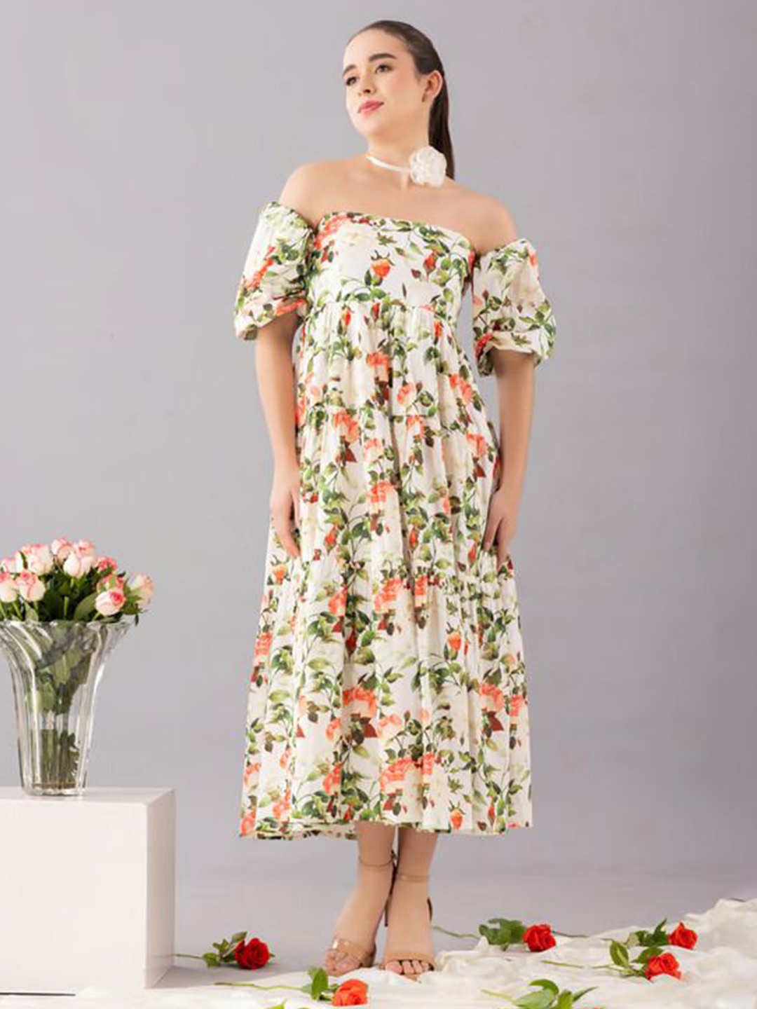 

KOVET Women Floral Print Off-Shoulder Cotton Fit and Flare Midi Dress, White