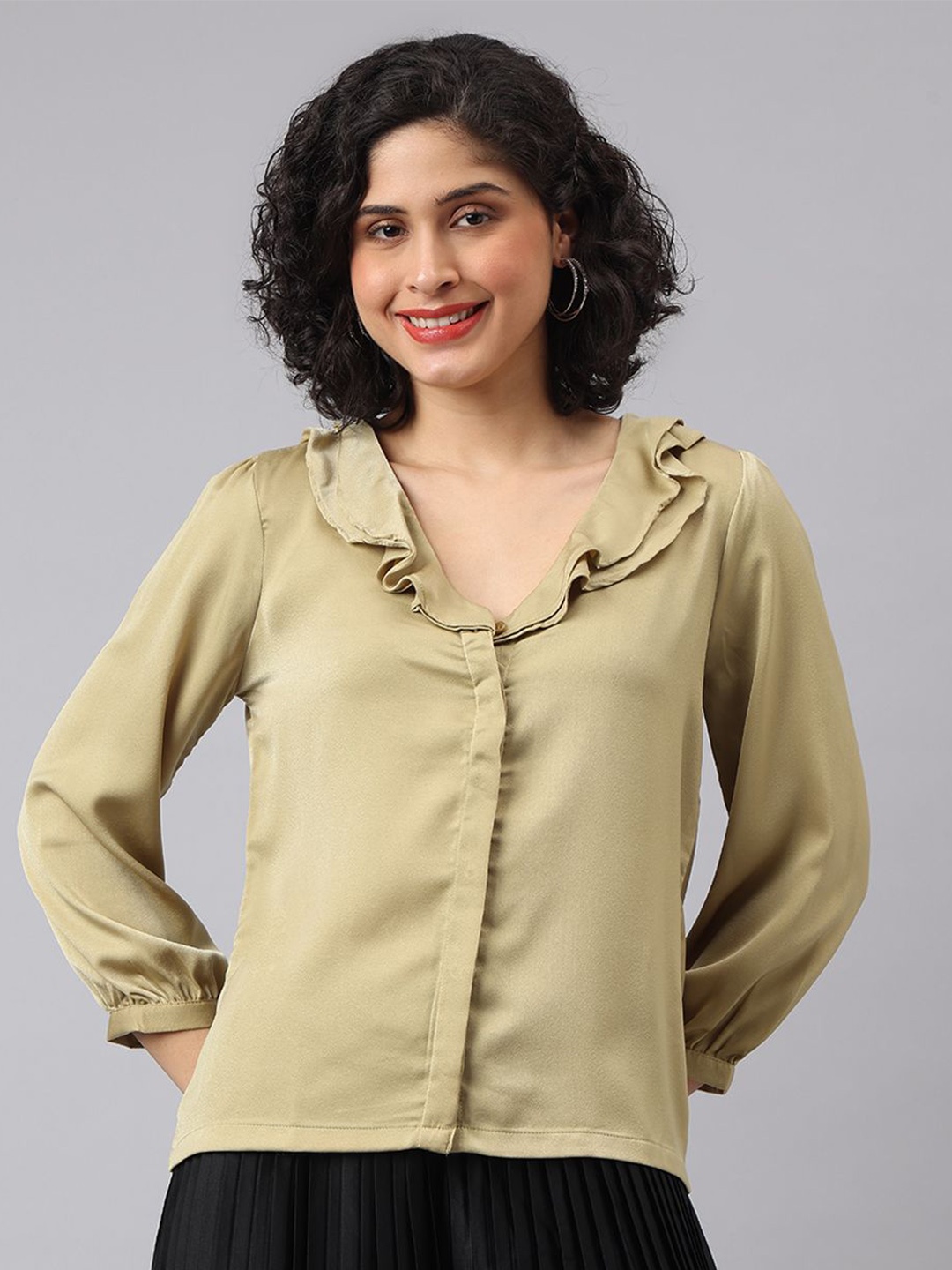 

Latin Quarters Women Collarless Solid Casual Shirt, Khaki