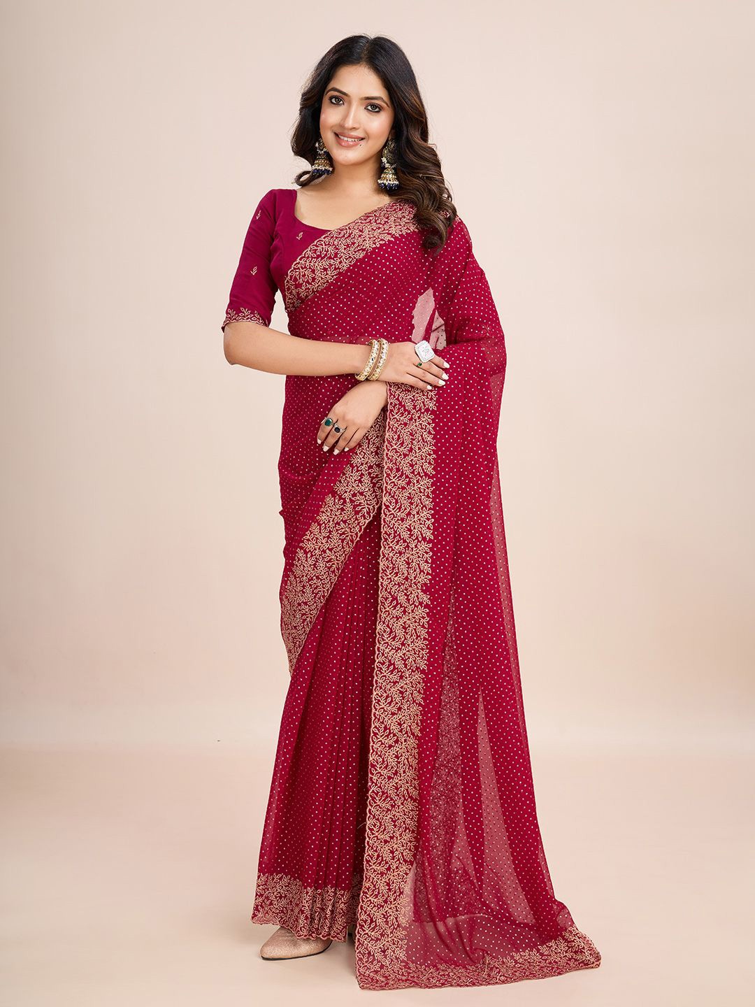 

kasee Floral Embroidered Poly Georgette Ready to Wear Saree, Burgundy