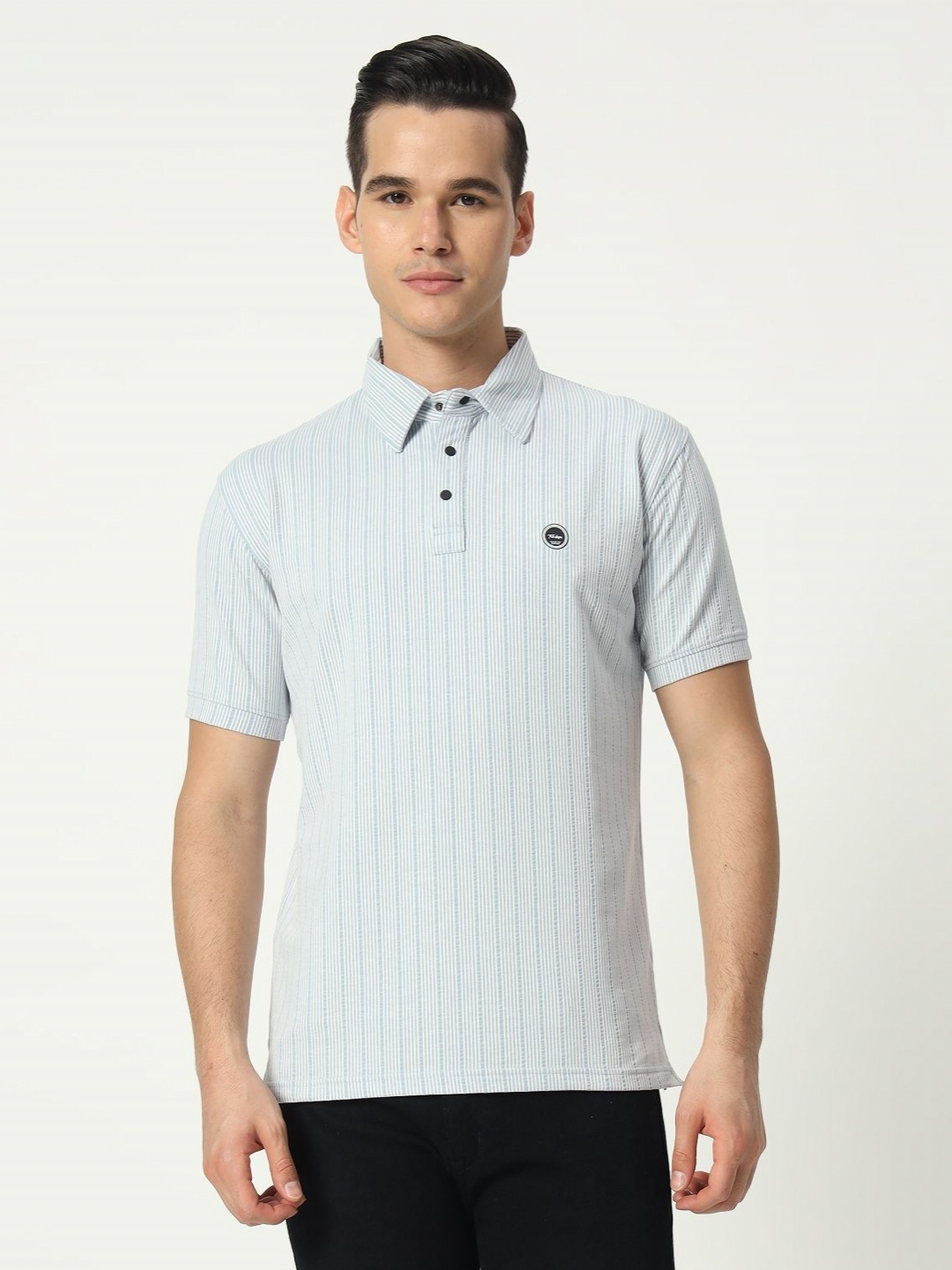 

TAB91 Men Striped Polo Collar Cotton Slim Fit T-shirt, Blue