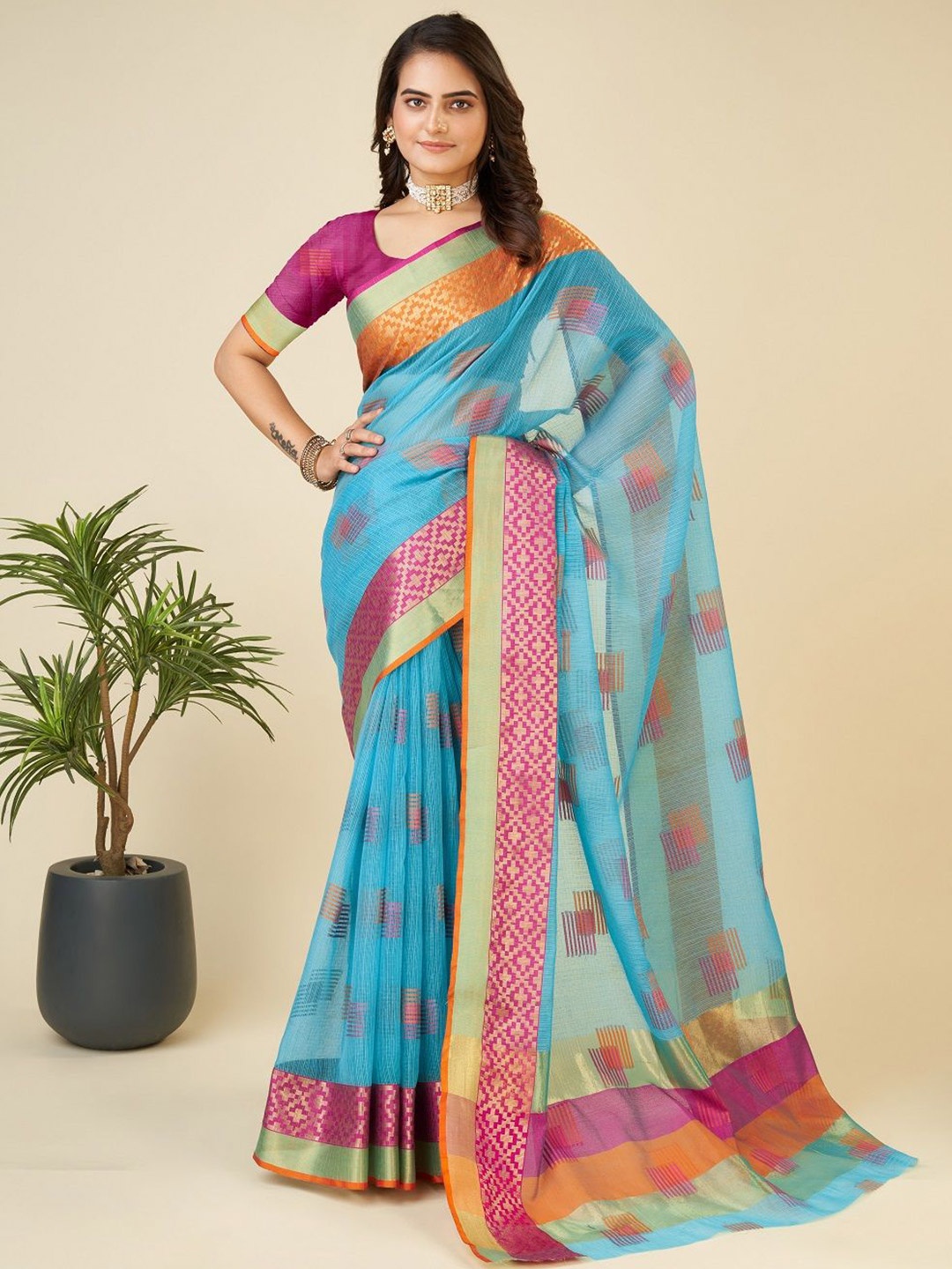 

SHOBHA SAREES Woven Design Zari Silk Cotton Kota Saree, Blue