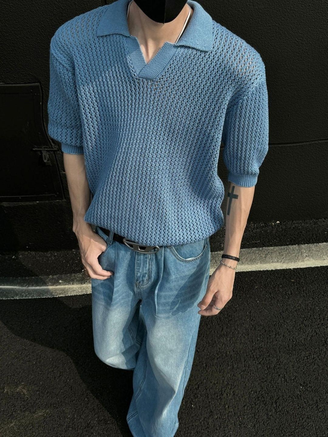 

HERE&NOW Men Self Design Polo Collar Oversized T-shirt, Blue