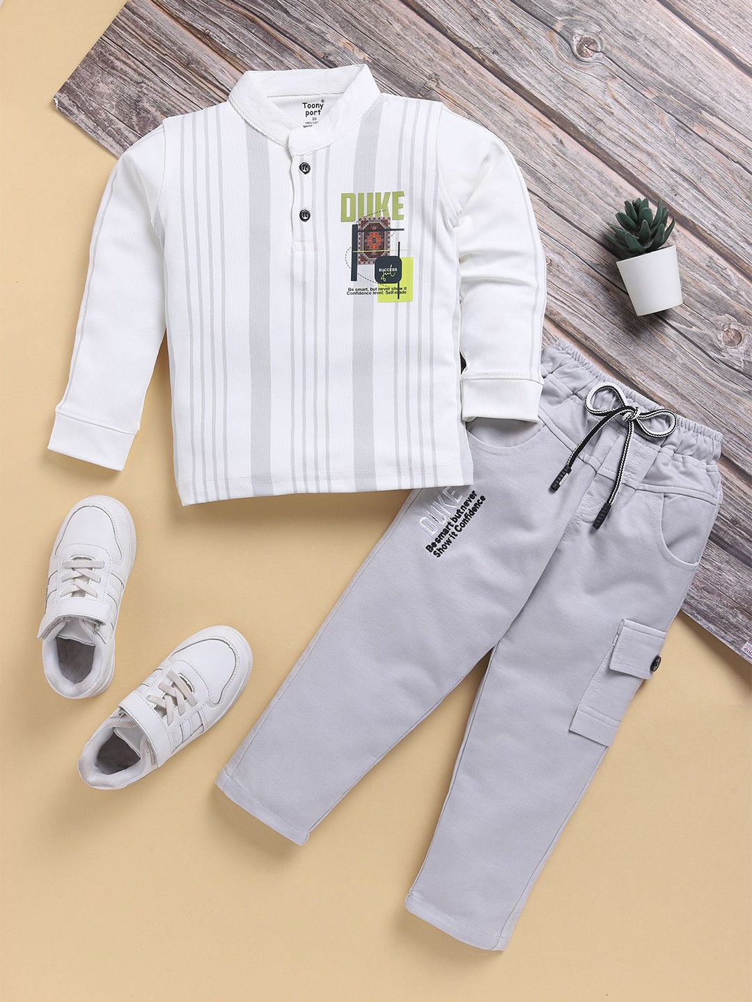 

Toonyport Boys Striped Mandarin Collar Long Sleeves T-Shirt With Trouser, Grey
