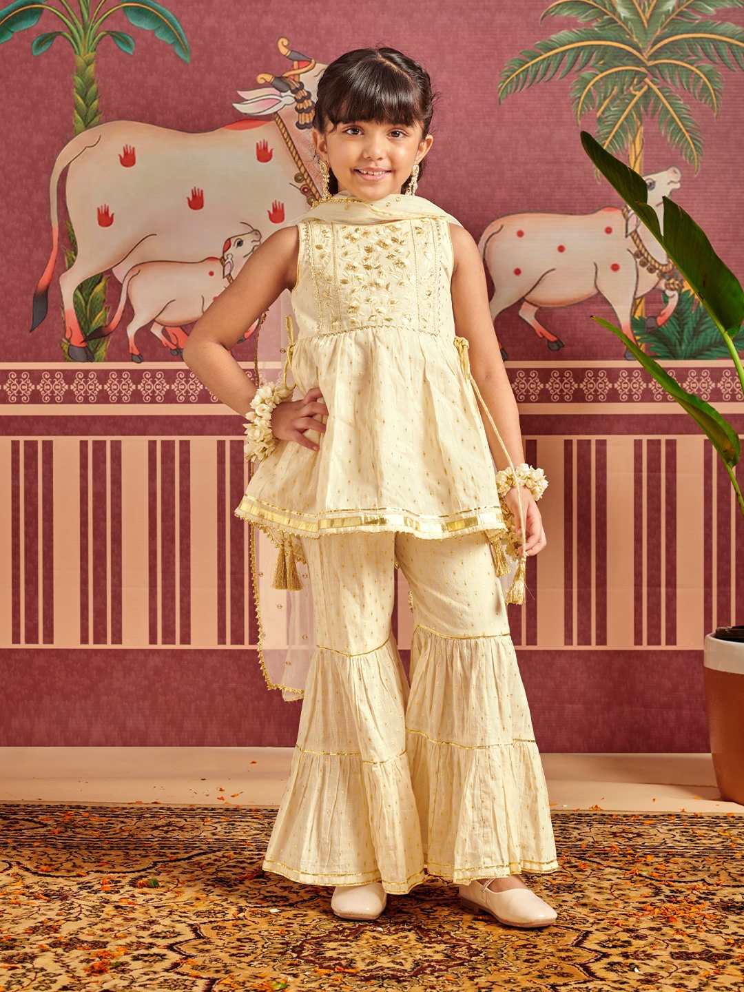 

MASTARANG Girls Cotton Lurex Floral Embroidered Kurta & Sharara With Dupatta, Off white