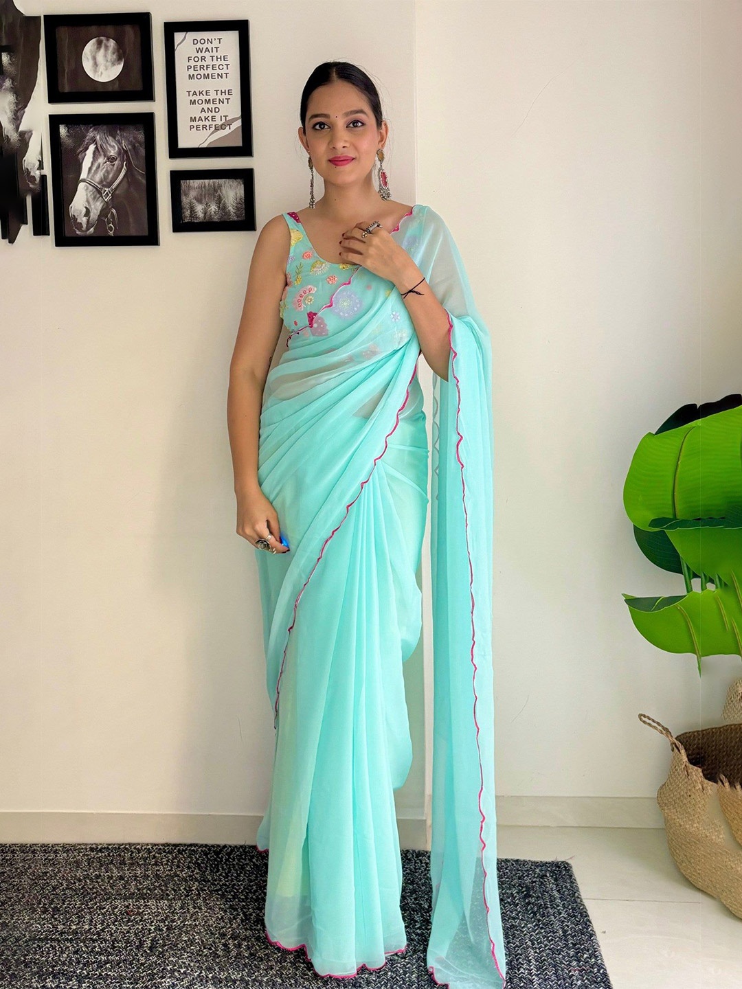 

SHOBHA SAREES Embroidered Pure Georgette Saree, Turquoise blue