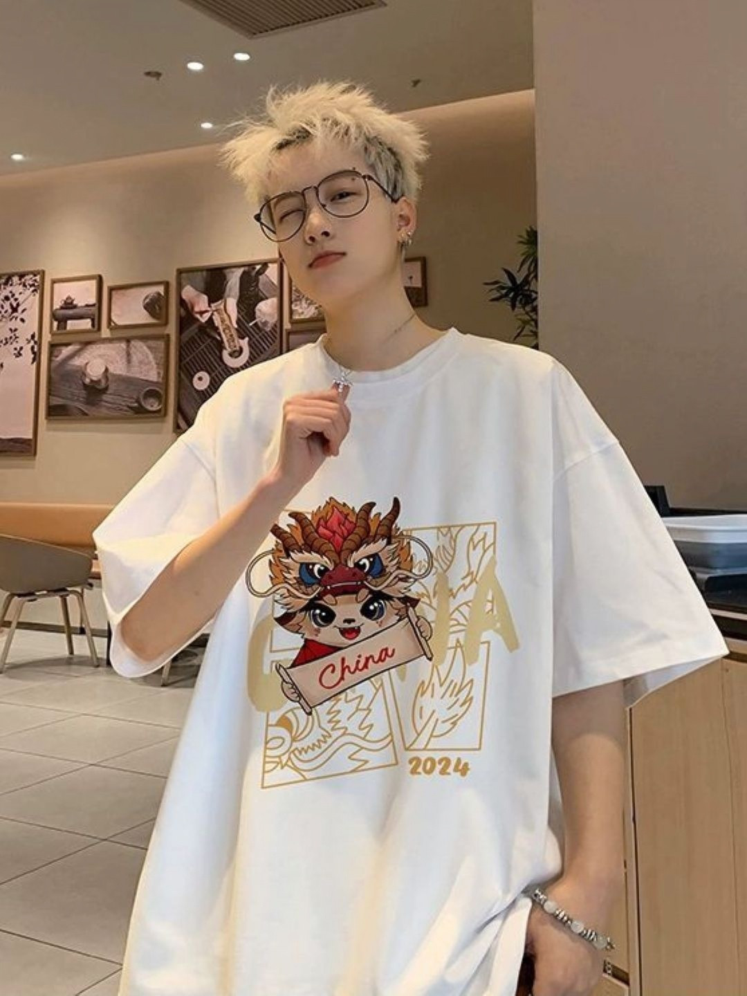 

HERE&NOW Men Graphic Printed Round Neck Cotton Oversized T-shirt, White
