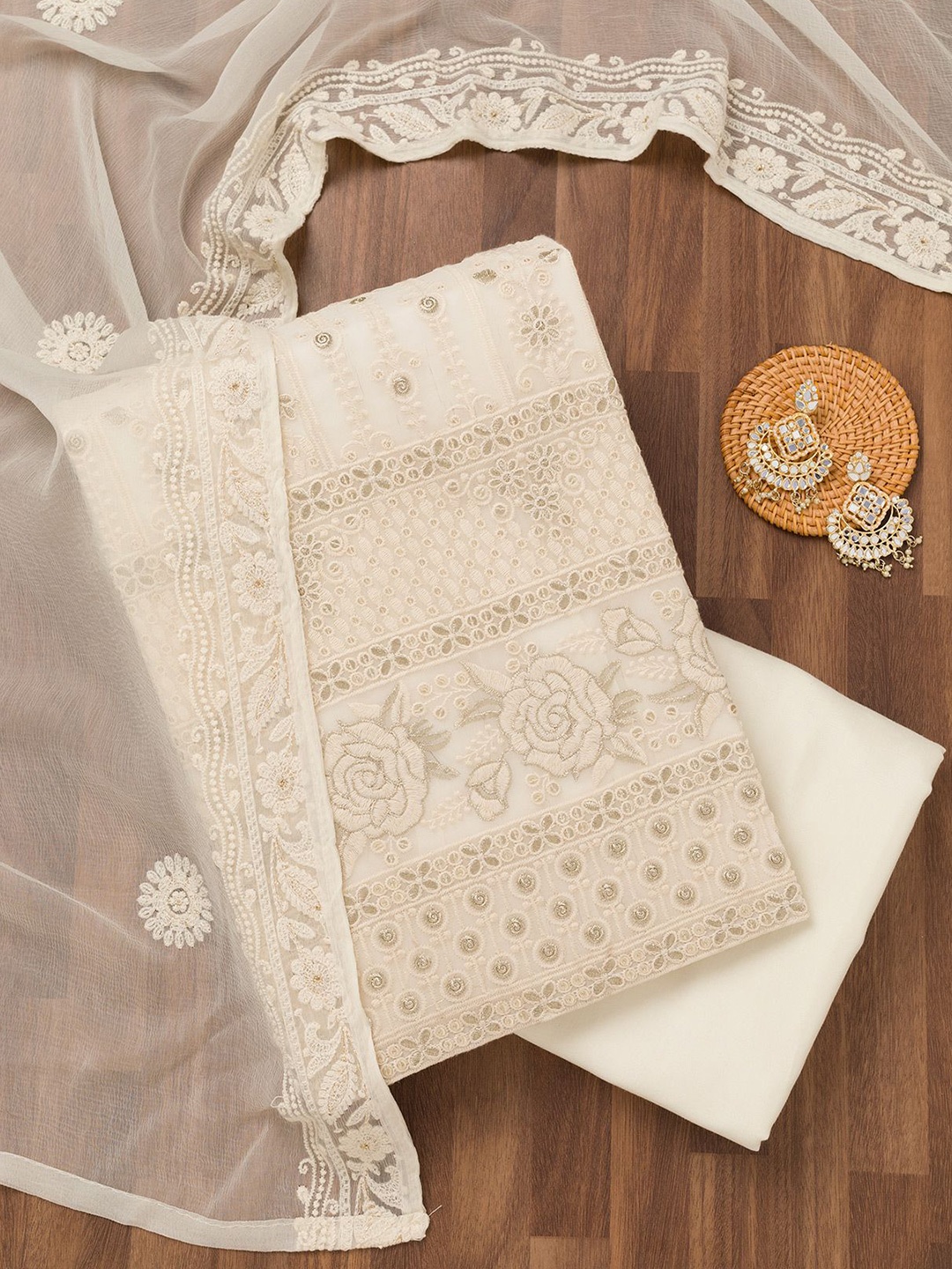 

Koskii Floral Embroidered Thread Work Unstitched Dress Material, White